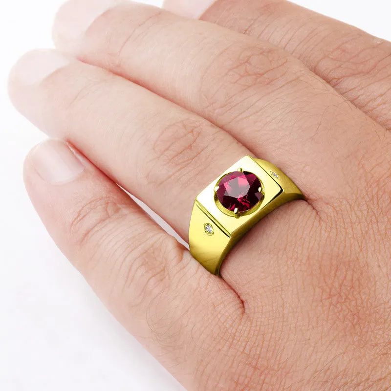 14k Yellow Gold Men's Ring with Red Ruby and Natural Diamonds