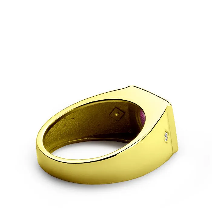 14k Yellow Gold Men's Ring with Red Ruby and Natural Diamonds