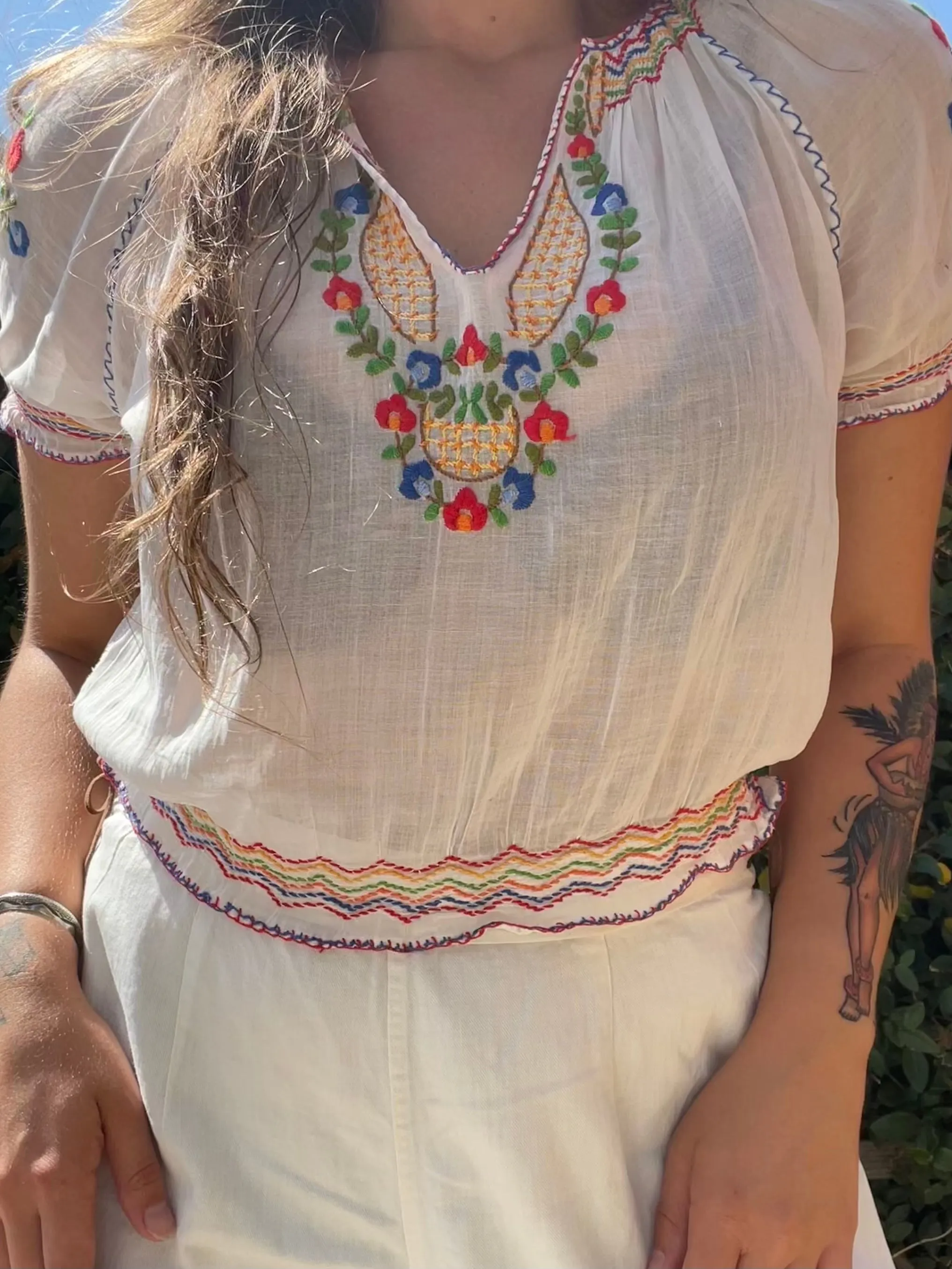 1930s Hand Embroidered Yugoslavian Fine Cotton Peasant Blouse