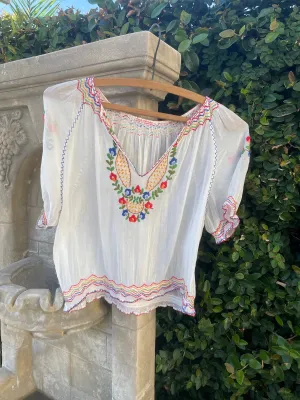 1930s Hand Embroidered Yugoslavian Fine Cotton Peasant Blouse
