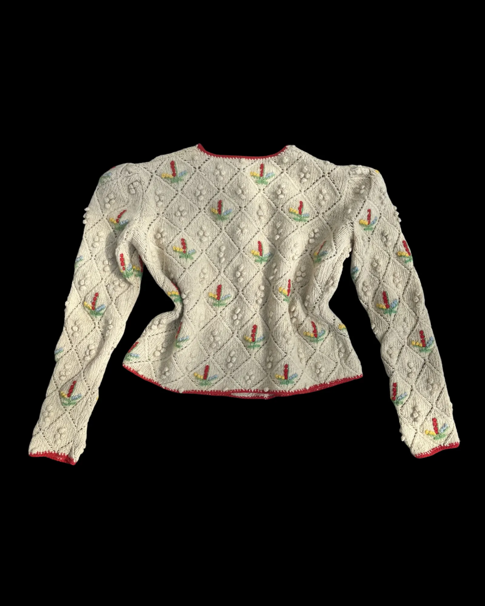 1930s Pocorn Wool Knit Folk Puff Sleeve Cardigan