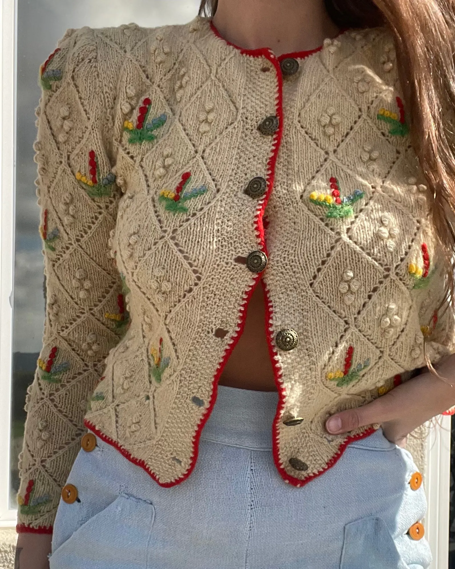 1930s Pocorn Wool Knit Folk Puff Sleeve Cardigan