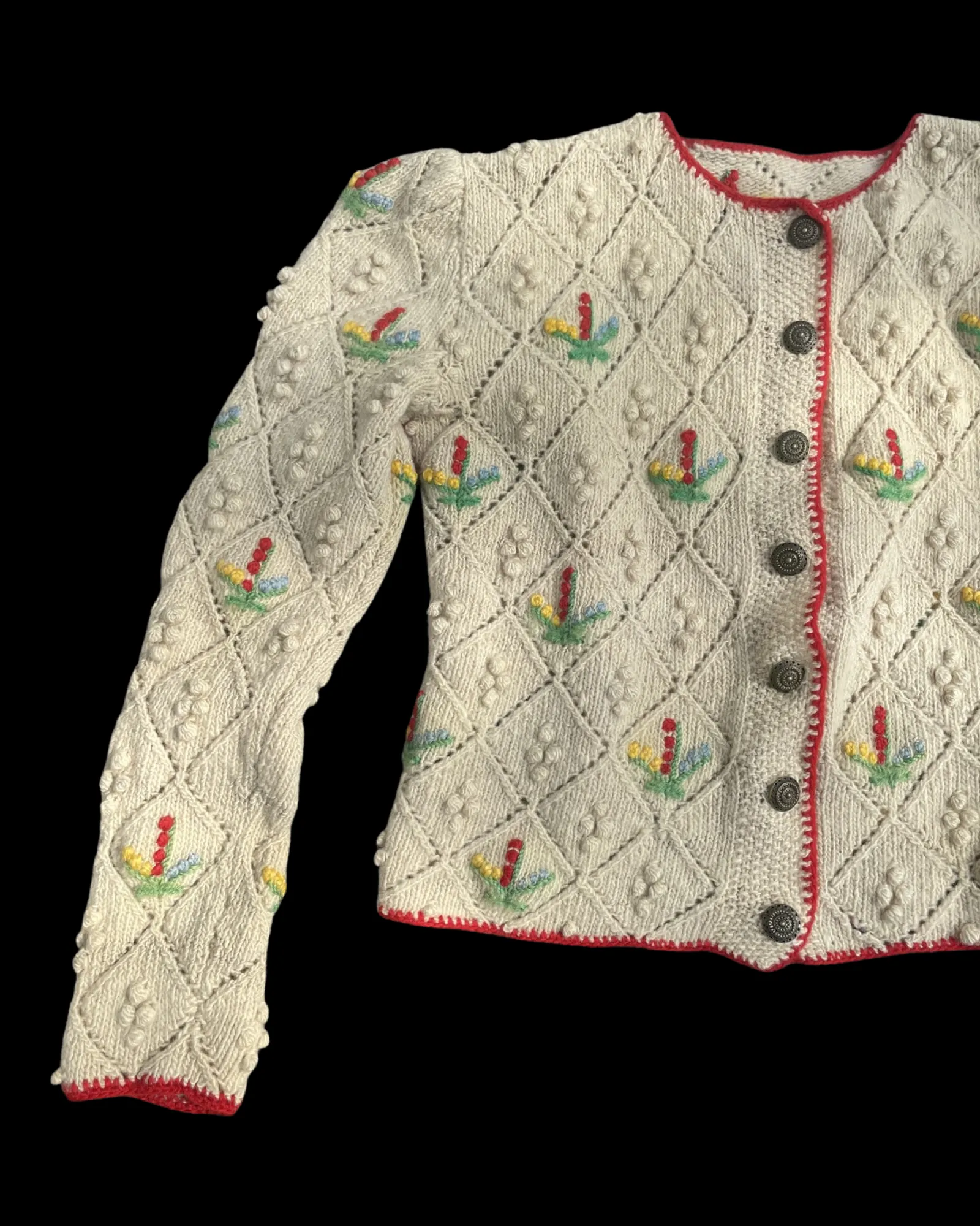 1930s Pocorn Wool Knit Folk Puff Sleeve Cardigan
