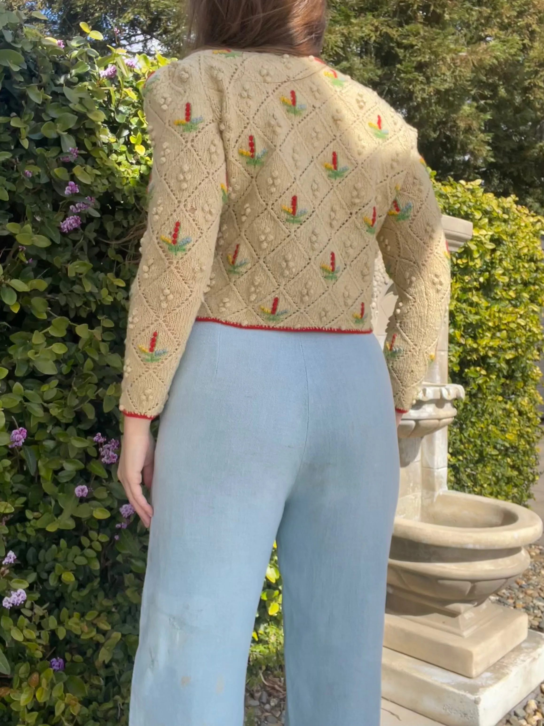 1930s Pocorn Wool Knit Folk Puff Sleeve Cardigan