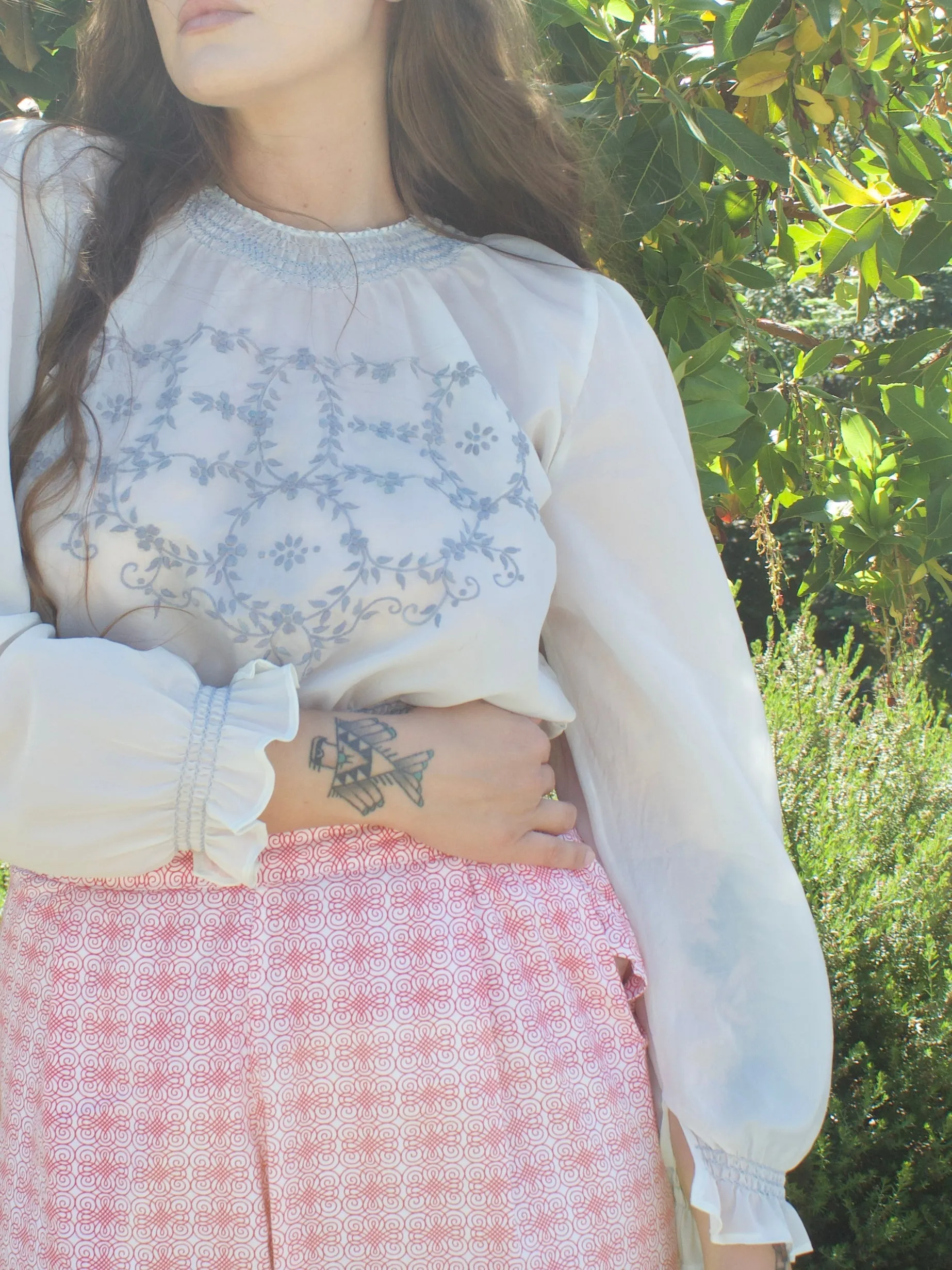 1940s Embroidered Parachute Silk Smocked Folk Blouse