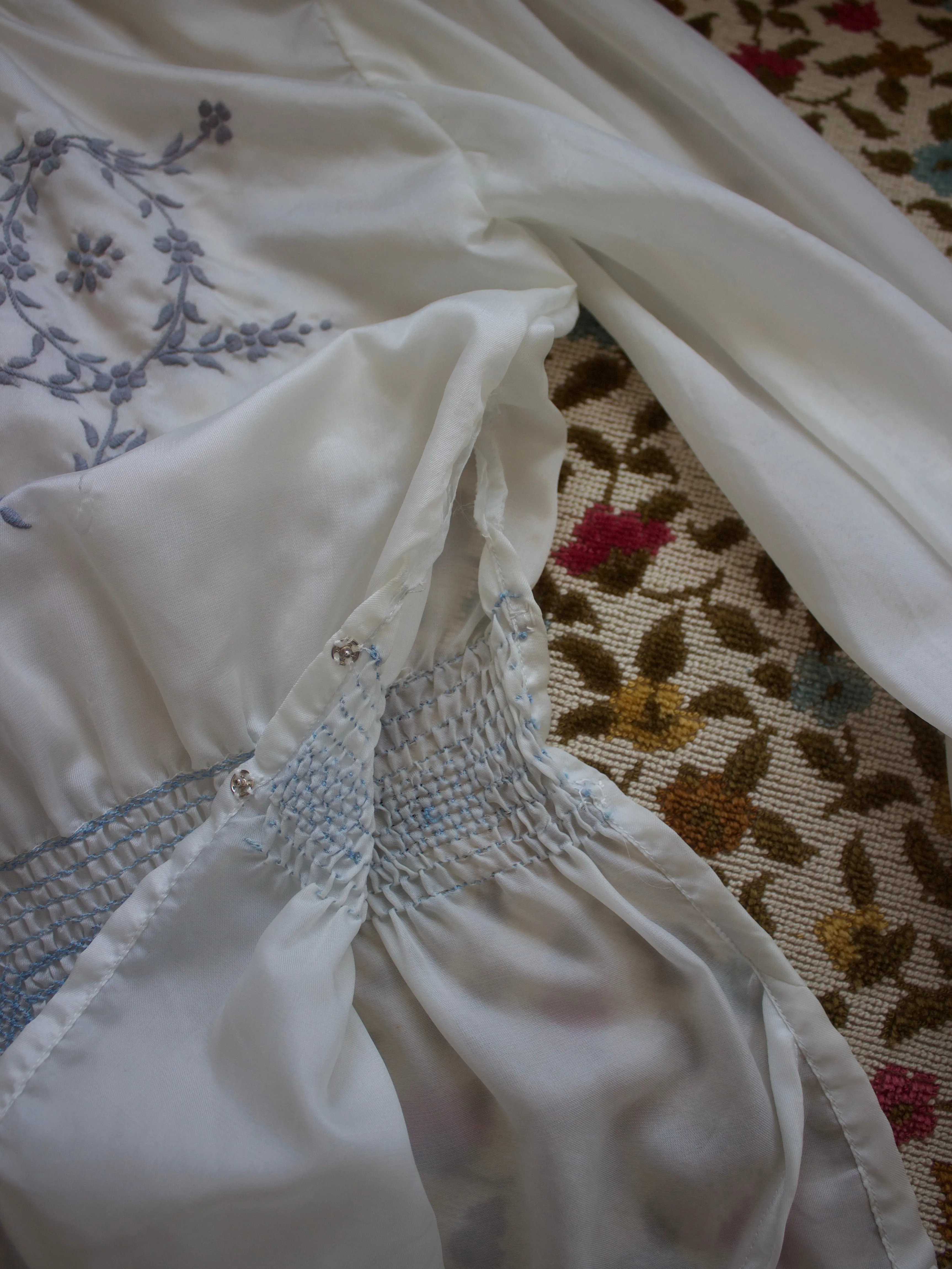 1940s Embroidered Parachute Silk Smocked Folk Blouse