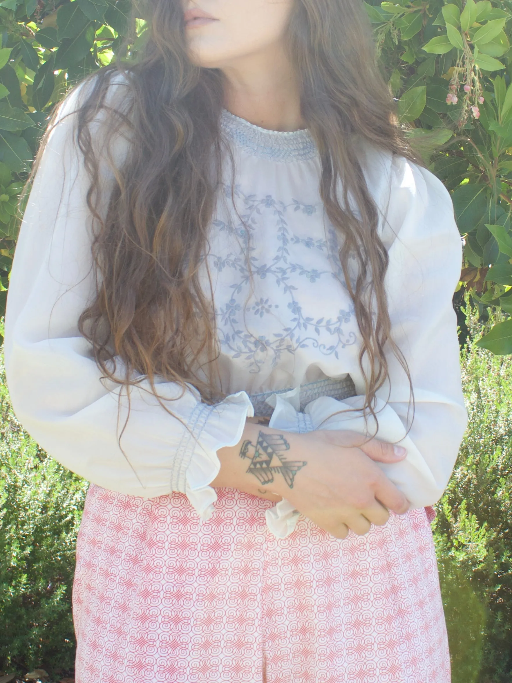 1940s Embroidered Parachute Silk Smocked Folk Blouse