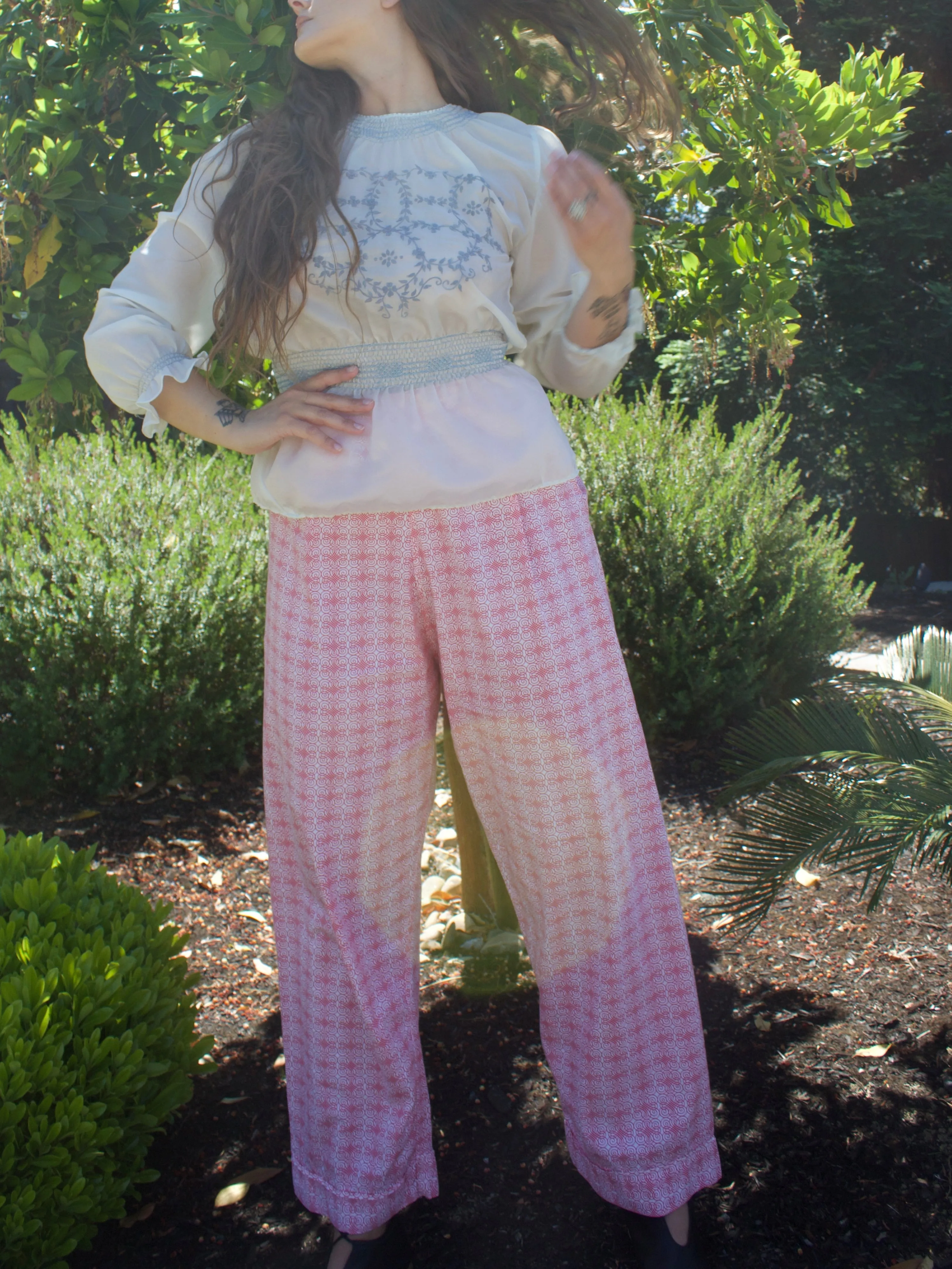 1940s Embroidered Parachute Silk Smocked Folk Blouse