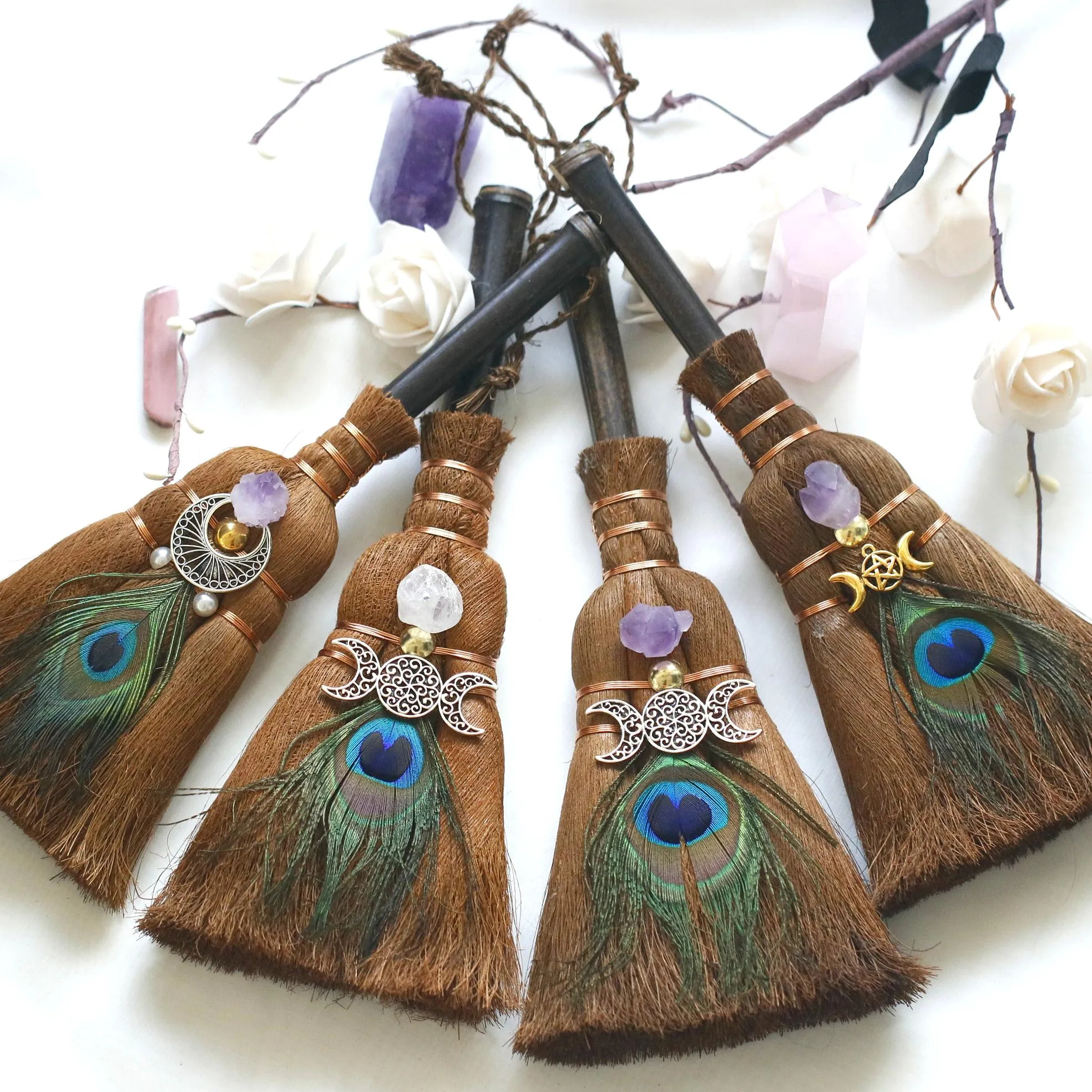 24x9 cm crystal feather broom three-phase moon quartz pendant amethyst witch altar decoration festival decor magic gift
