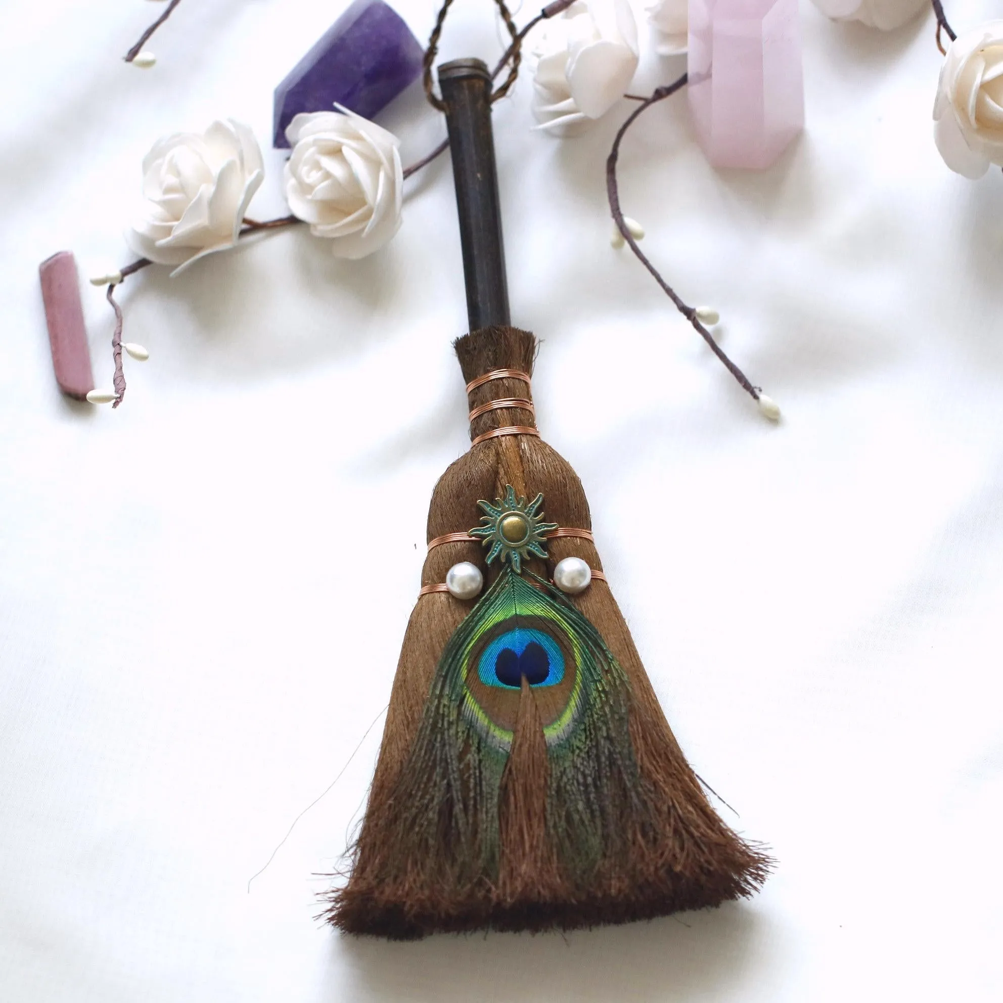 24x9 cm crystal feather broom three-phase moon quartz pendant amethyst witch altar decoration festival decor magic gift