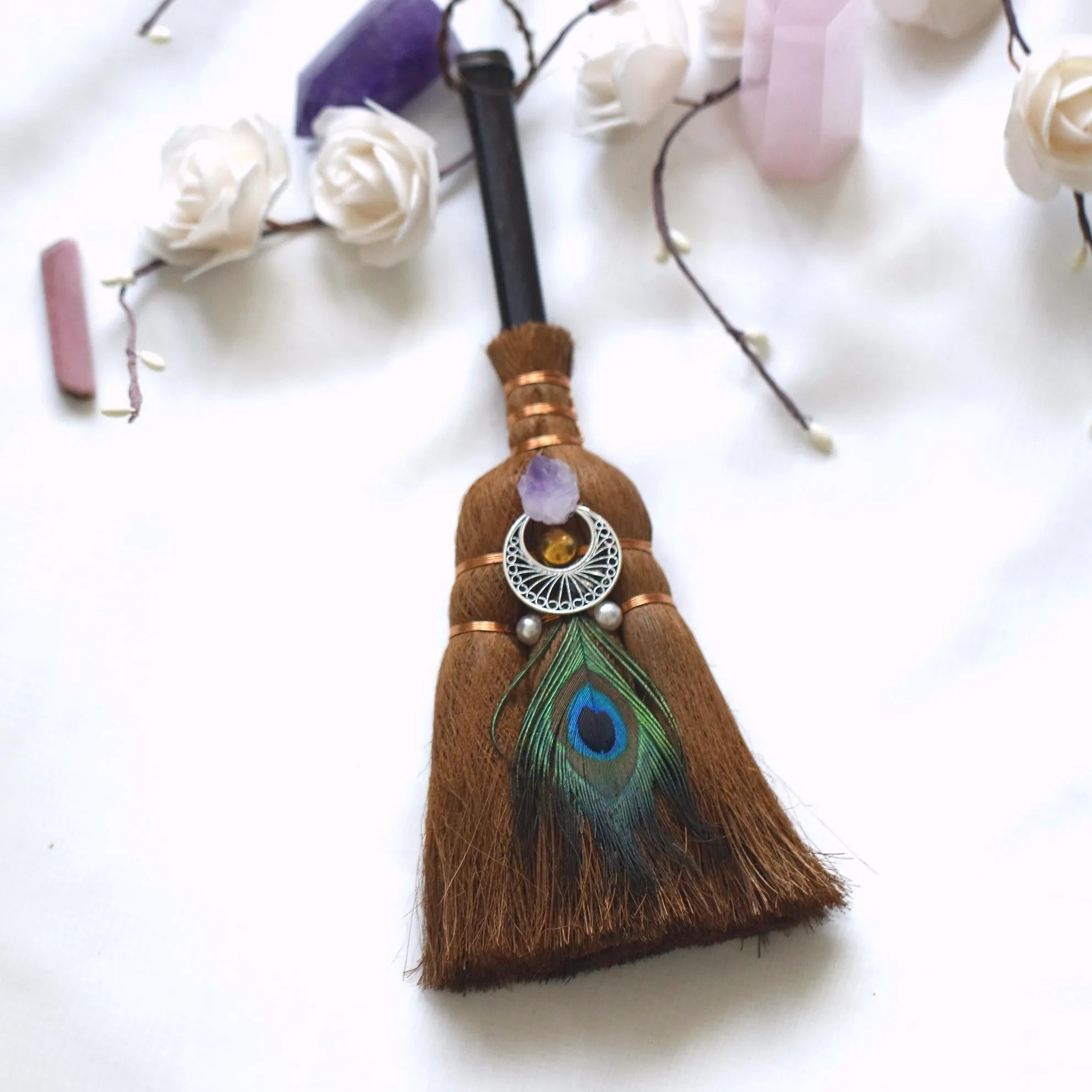 24x9 cm crystal feather broom three-phase moon quartz pendant amethyst witch altar decoration festival decor magic gift