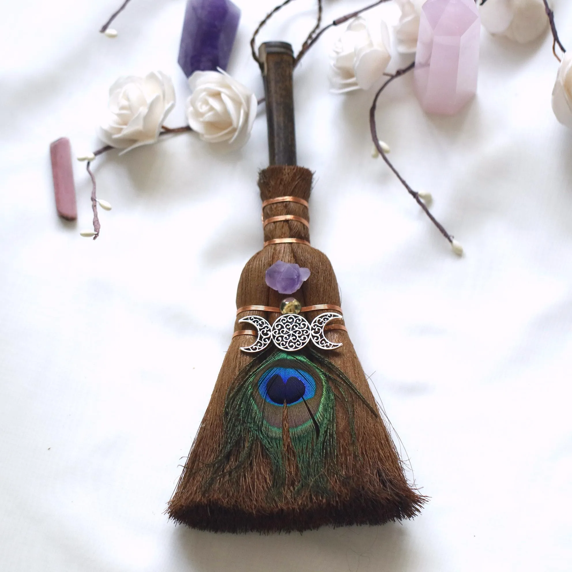 24x9 cm crystal feather broom three-phase moon quartz pendant amethyst witch altar decoration festival decor magic gift
