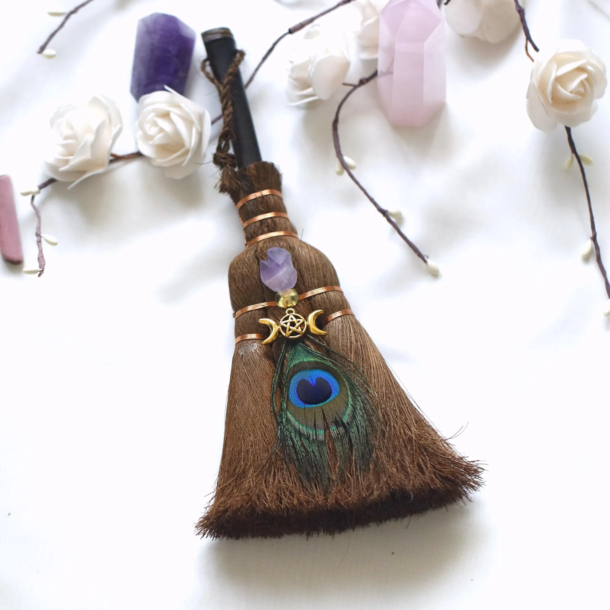 24x9 cm crystal feather broom three-phase moon quartz pendant amethyst witch altar decoration festival decor magic gift
