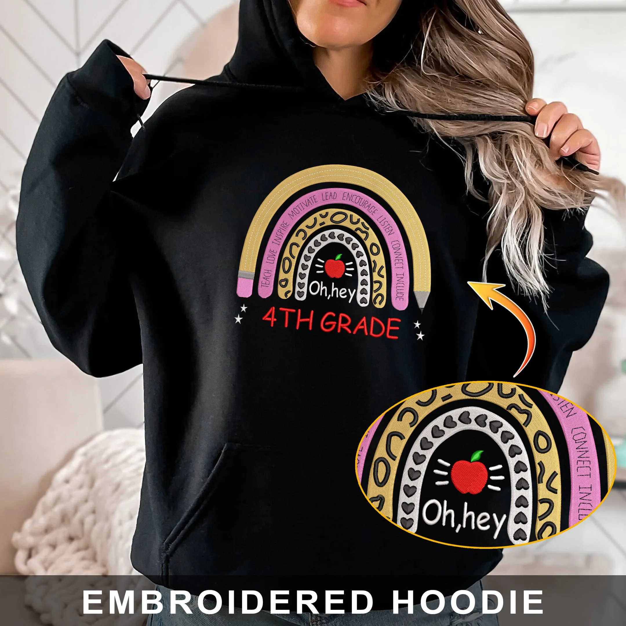 4st Grade Back To School Embroidered Hoodie, Sweatshirt