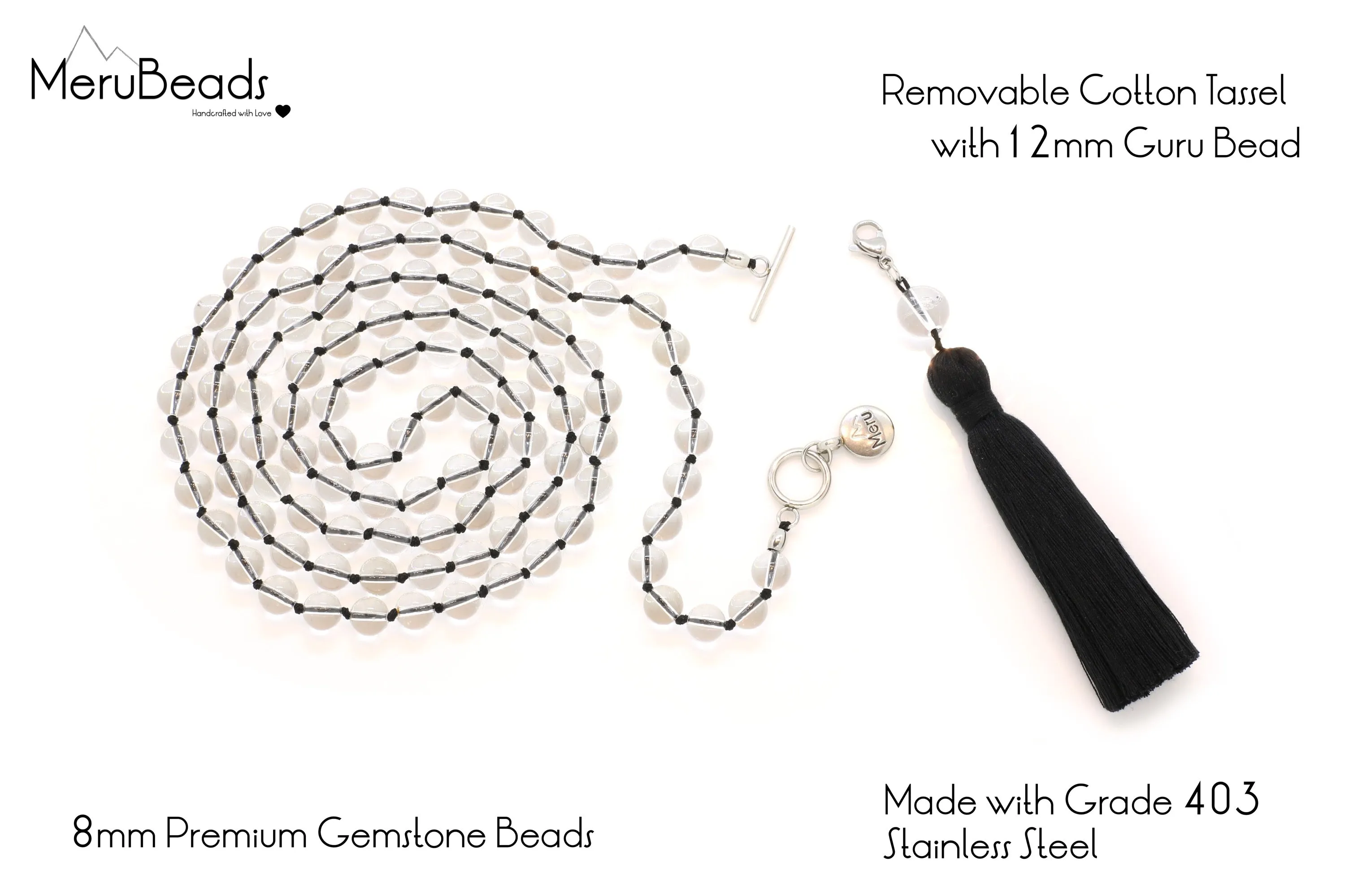 8mm Clear Quartz Mala Beads Wrap Necklace with Removable Tassel