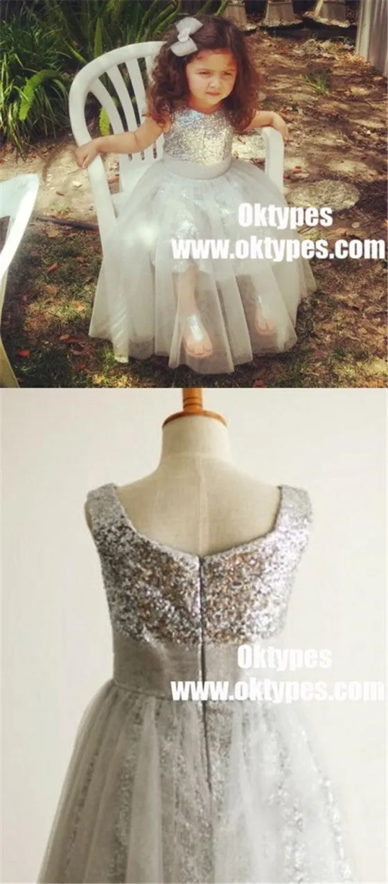 A-Line Jewel Tea-Length Silver Tulle Sequined Flower Girl Dresses, TYP0929