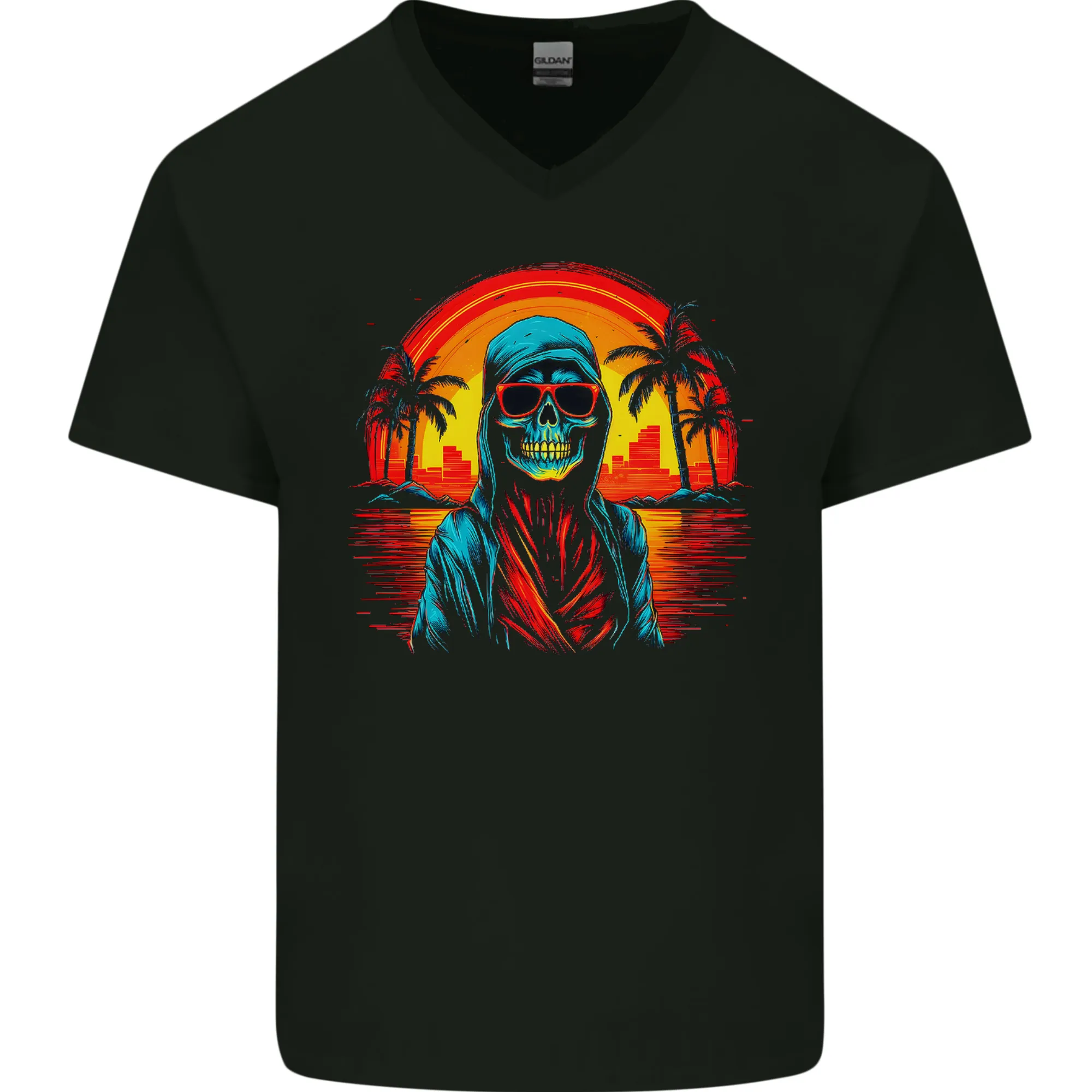 A Retrowave Skeleton Holiday Sunset Skull Mens V-Neck Cotton T-Shirt