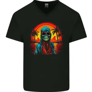 A Retrowave Skeleton Holiday Sunset Skull Mens V-Neck Cotton T-Shirt