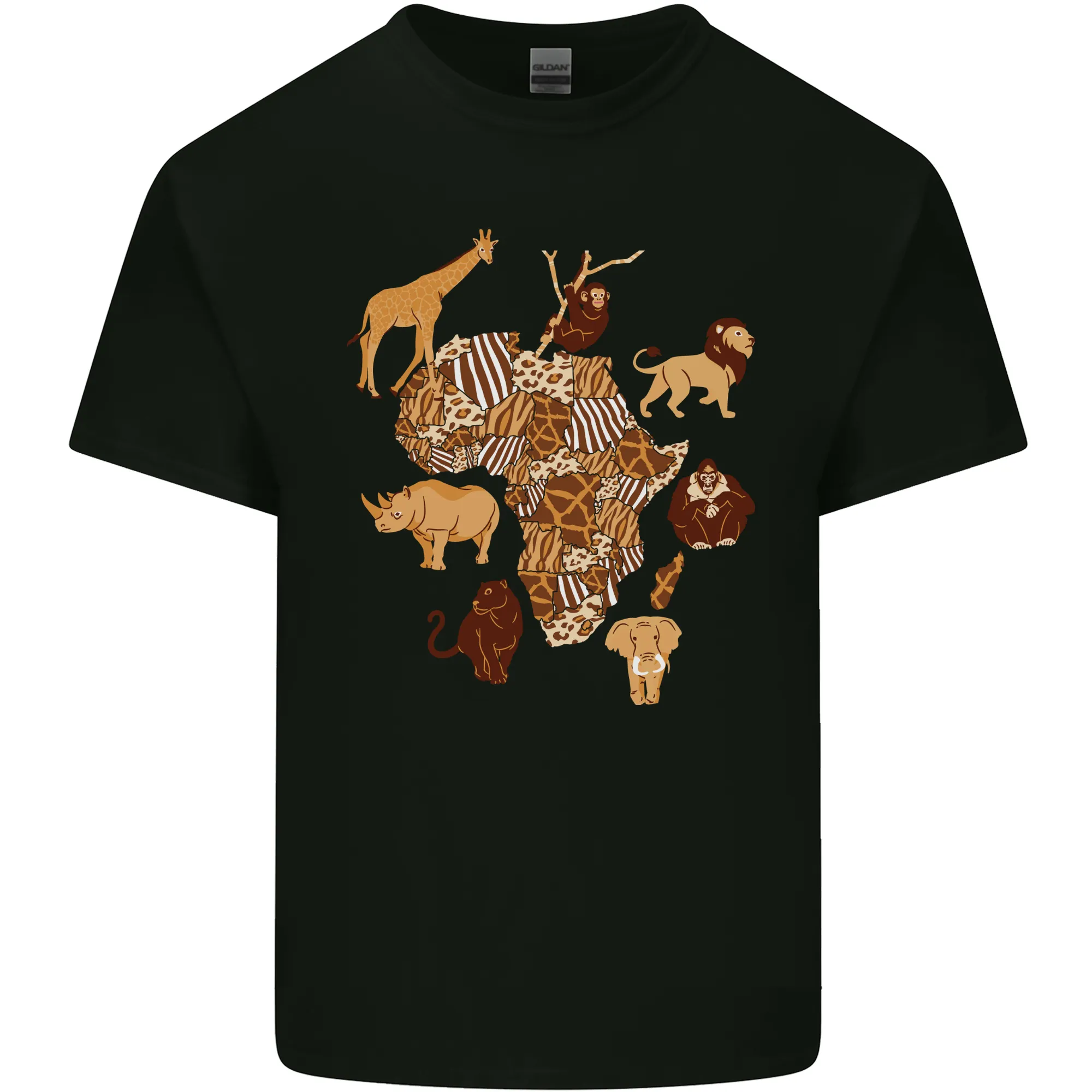 Africa Wildlife Map Giraffe Rhino Ape Elephant Lion Mens Light Cotton T-Shirt