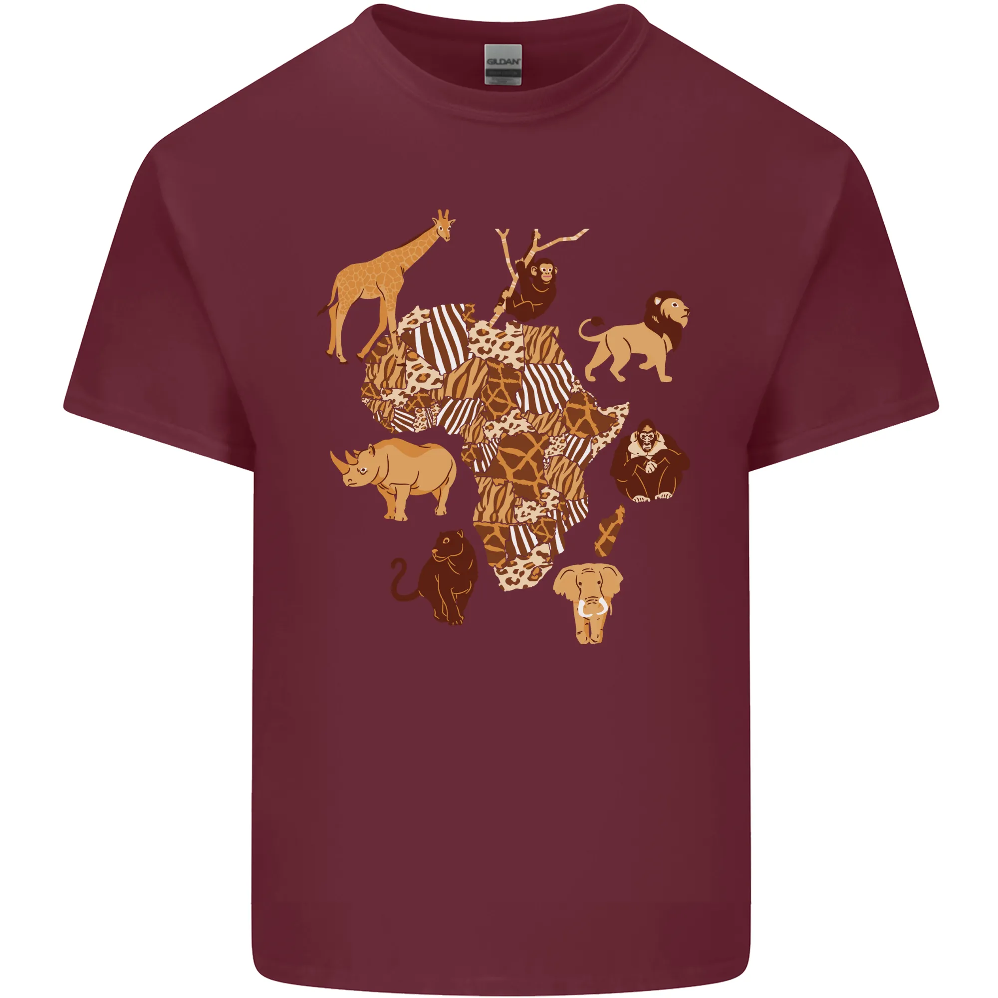 Africa Wildlife Map Giraffe Rhino Ape Elephant Lion Mens Light Cotton T-Shirt