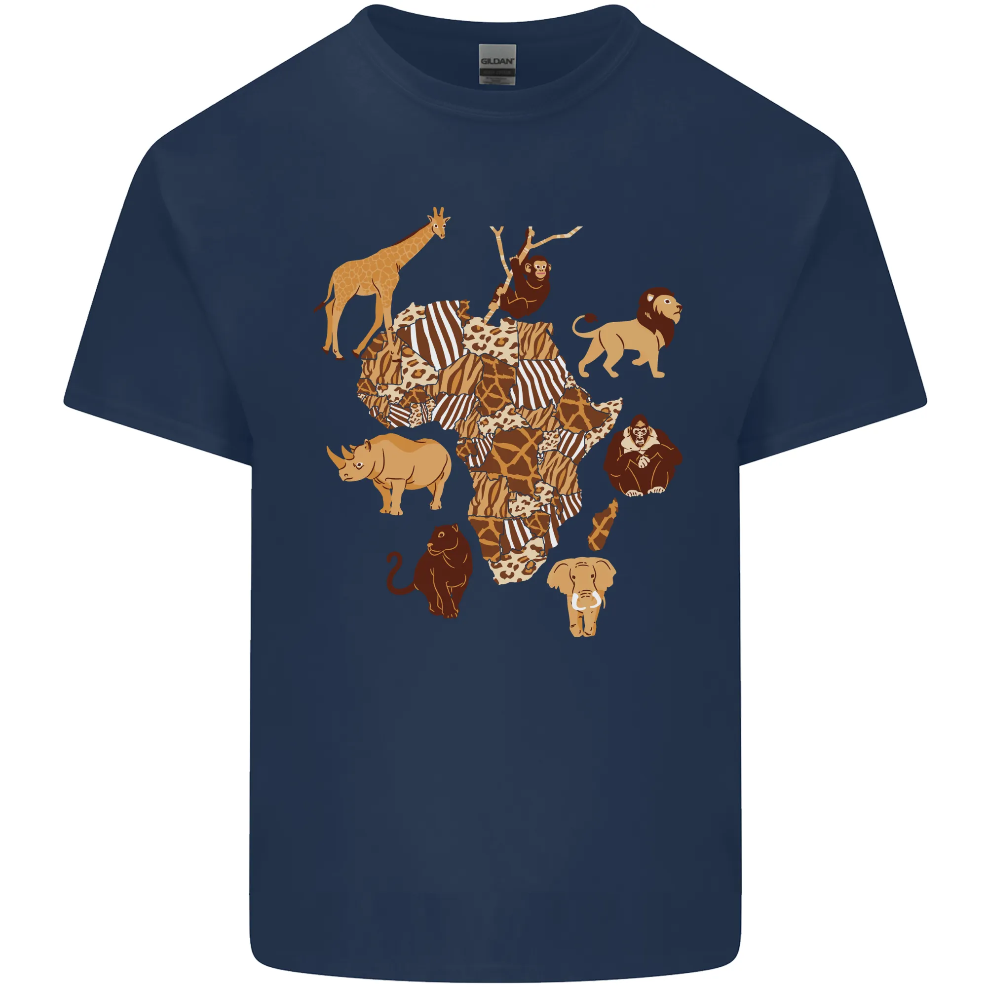 Africa Wildlife Map Giraffe Rhino Ape Elephant Lion Mens Light Cotton T-Shirt