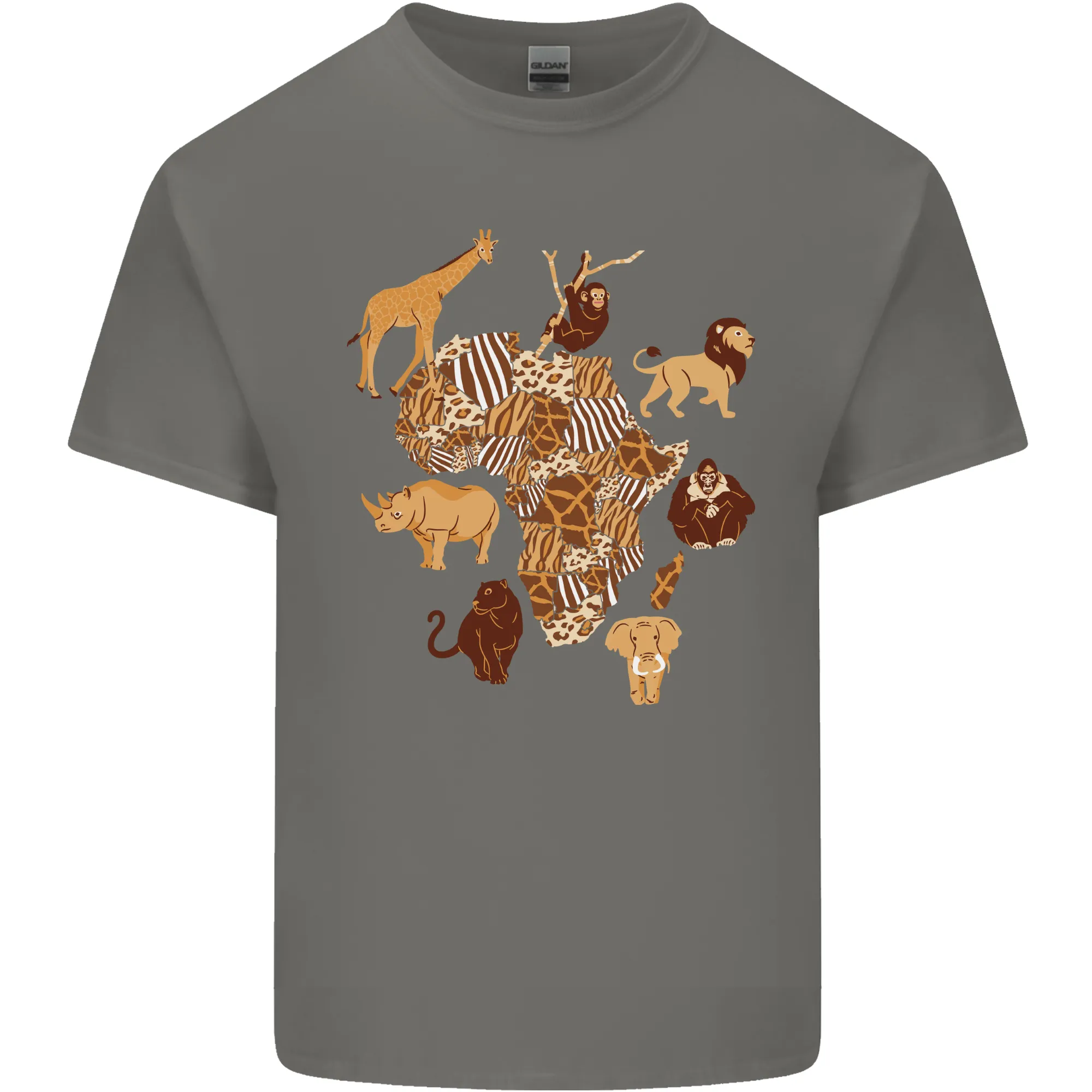 Africa Wildlife Map Giraffe Rhino Ape Elephant Lion Mens Light Cotton T-Shirt