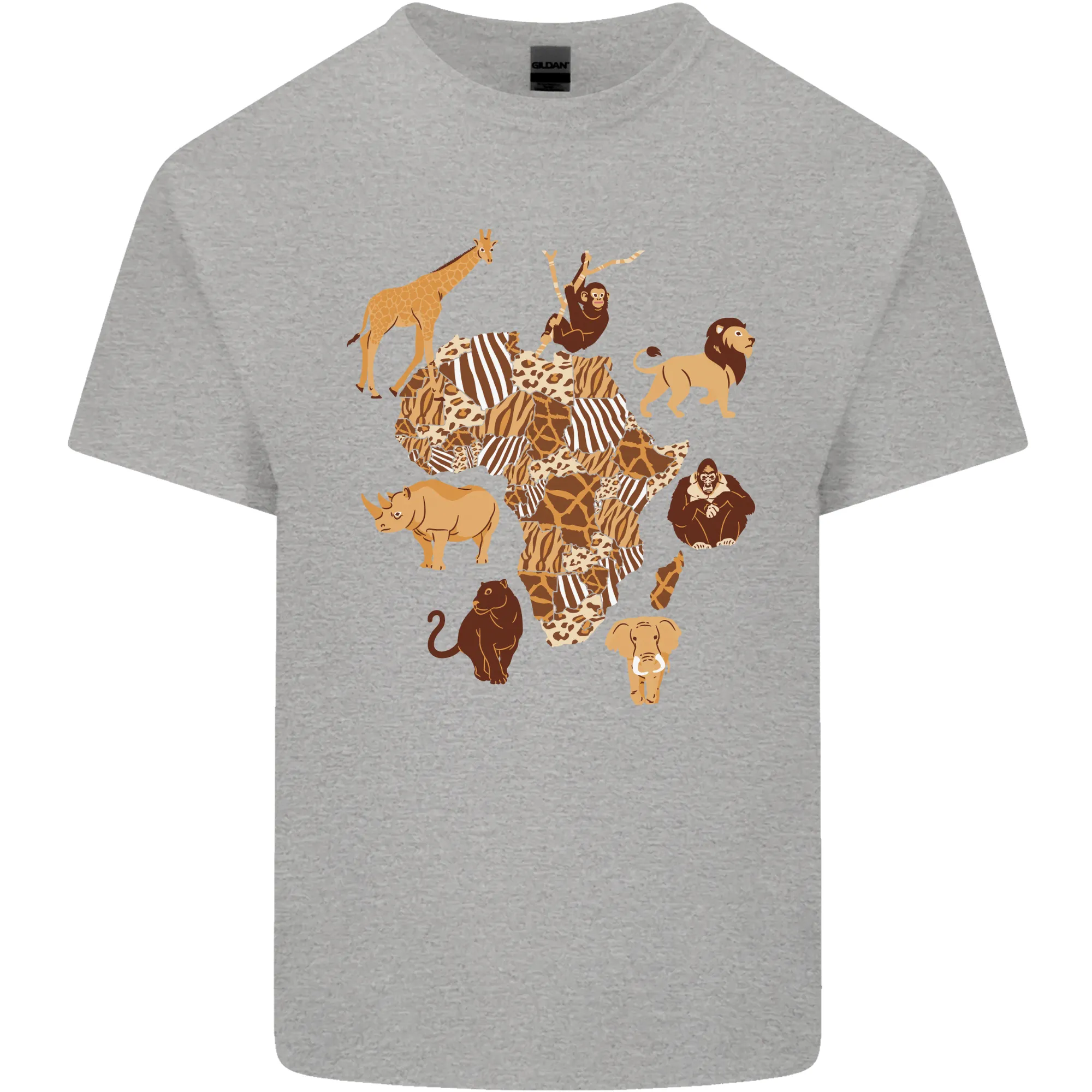 Africa Wildlife Map Giraffe Rhino Ape Elephant Lion Mens Light Cotton T-Shirt