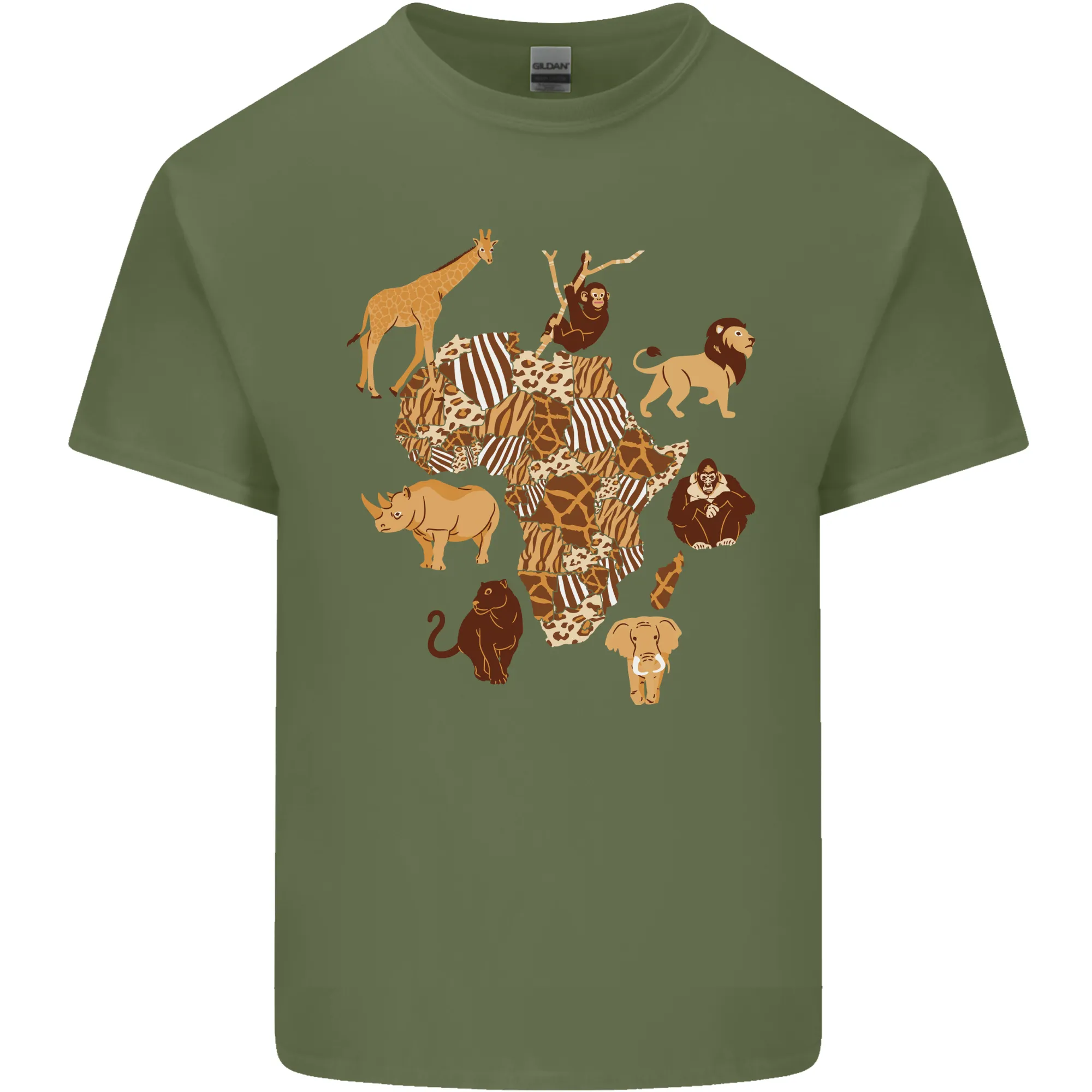 Africa Wildlife Map Giraffe Rhino Ape Elephant Lion Mens Light Cotton T-Shirt