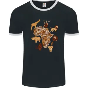Africa Wildlife Map Giraffe Rhino Ape Elephant Lion Mens Ringer T-Shirt FotL