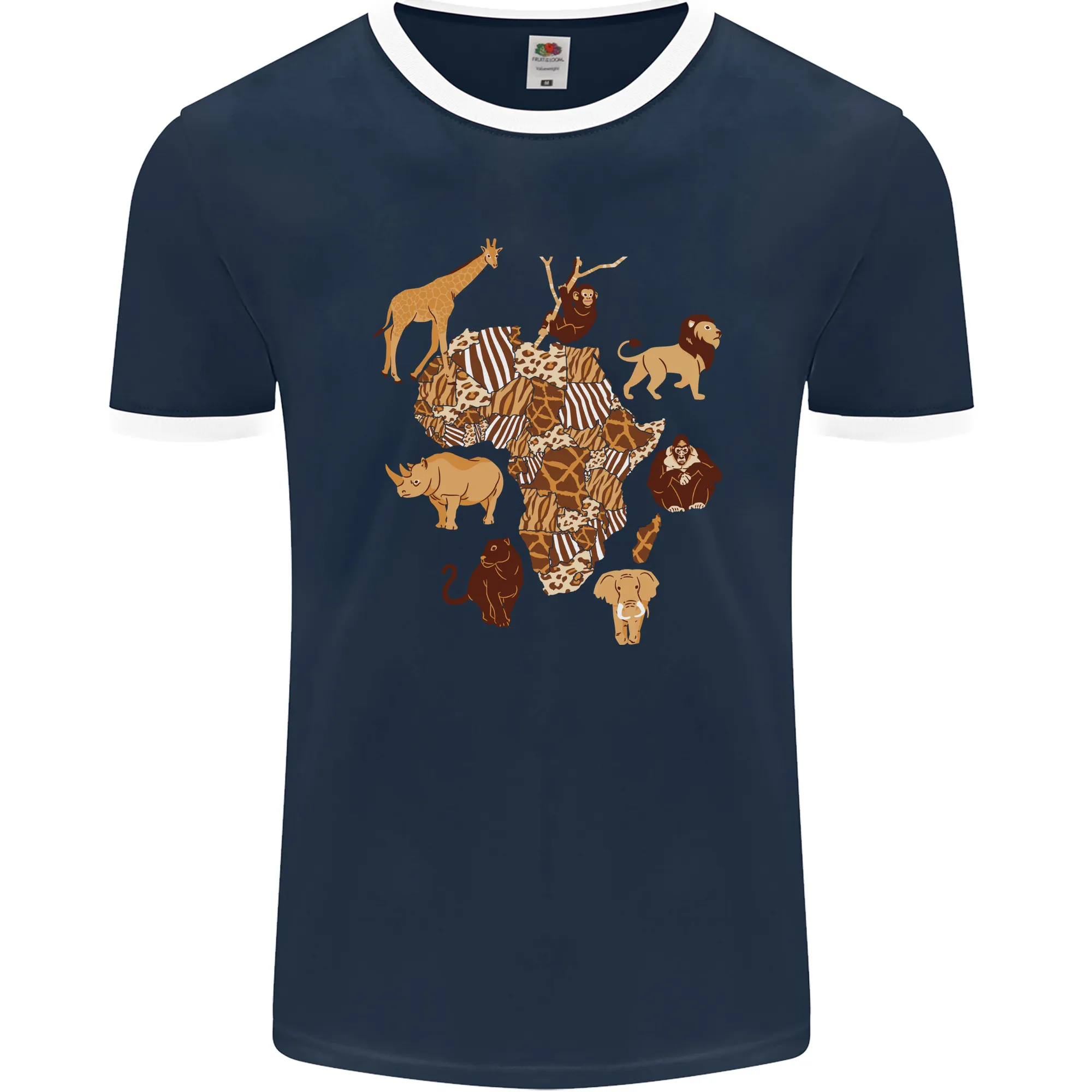 Africa Wildlife Map Giraffe Rhino Ape Elephant Lion Mens Ringer T-Shirt FotL