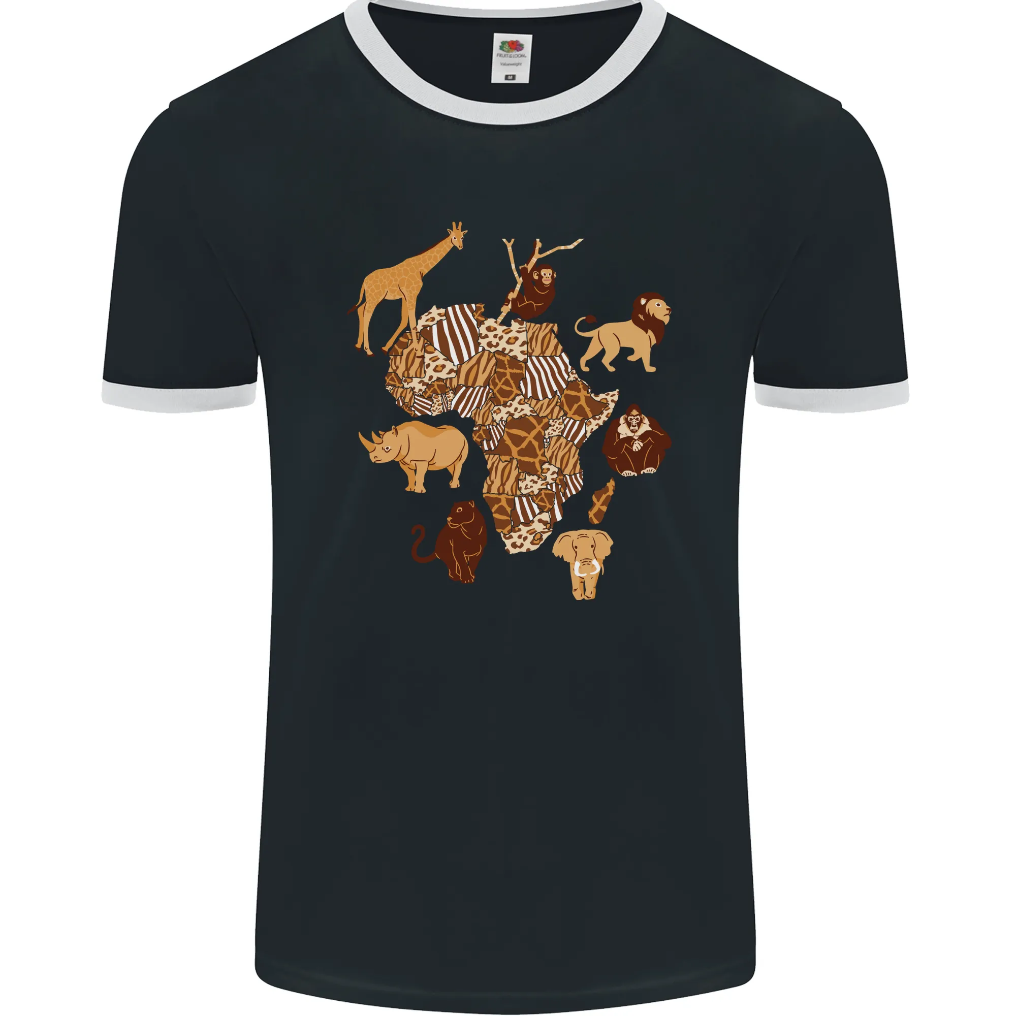 Africa Wildlife Map Giraffe Rhino Ape Elephant Lion Mens Ringer T-Shirt FotL