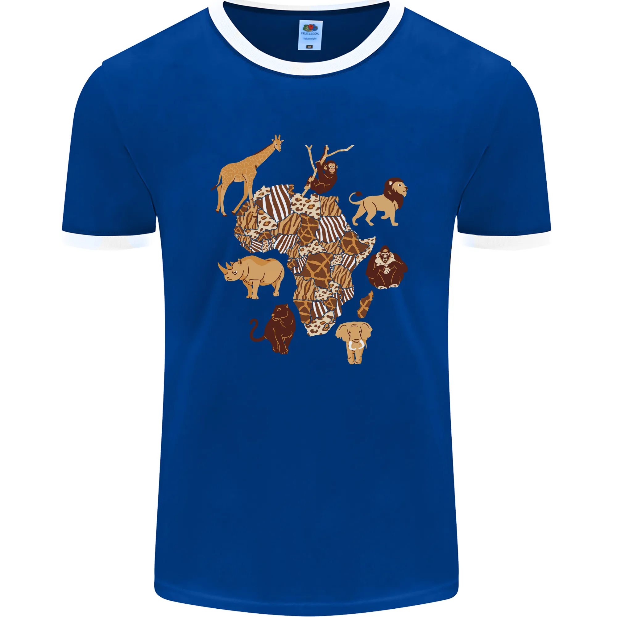 Africa Wildlife Map Giraffe Rhino Ape Elephant Lion Mens Ringer T-Shirt FotL