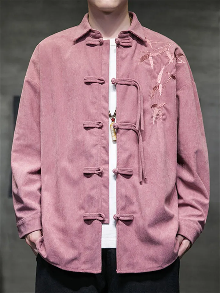 Bamboo Leaf Embroidery Tassel Button Men's Corduroy Jacket