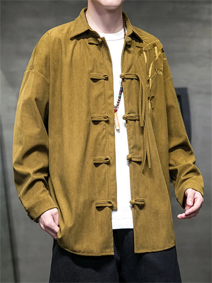 Bamboo Leaf Embroidery Tassel Button Men's Corduroy Jacket