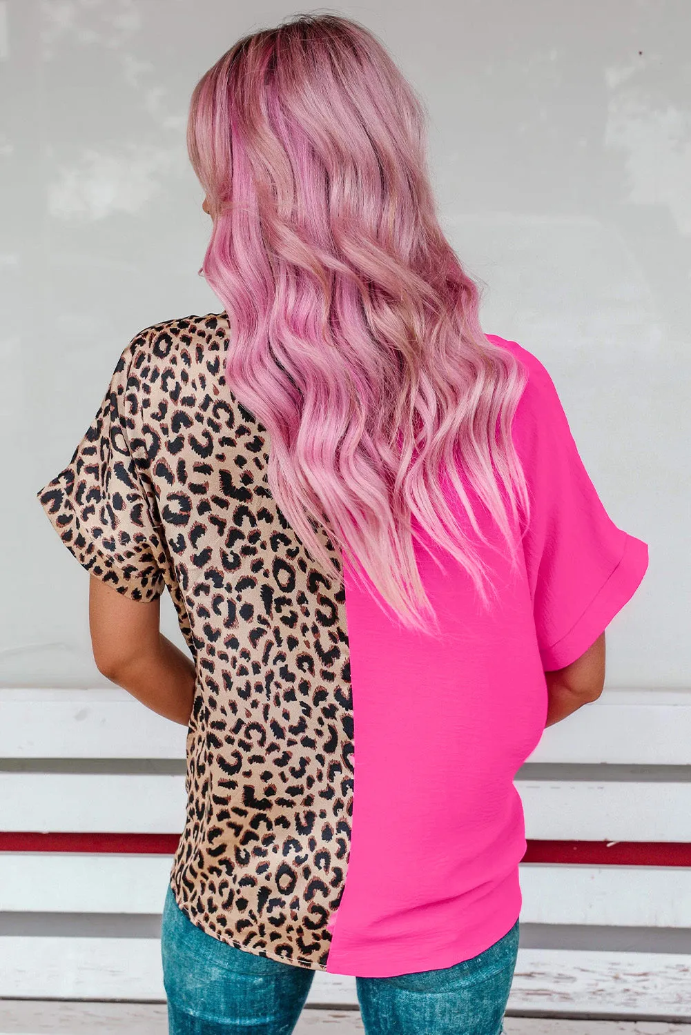 Barbie Style  Rose Contrast Leopard Color Block Blouse