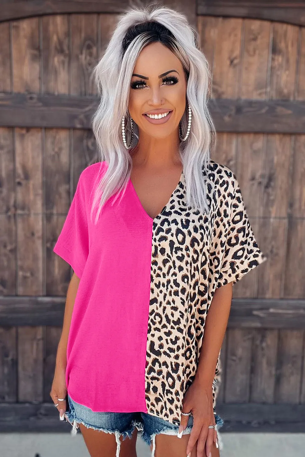 Barbie Style  Rose Contrast Leopard Color Block Blouse