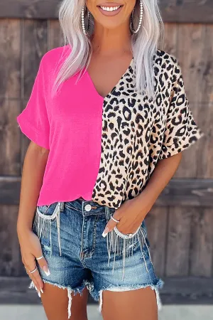 Barbie Style  Rose Contrast Leopard Color Block Blouse