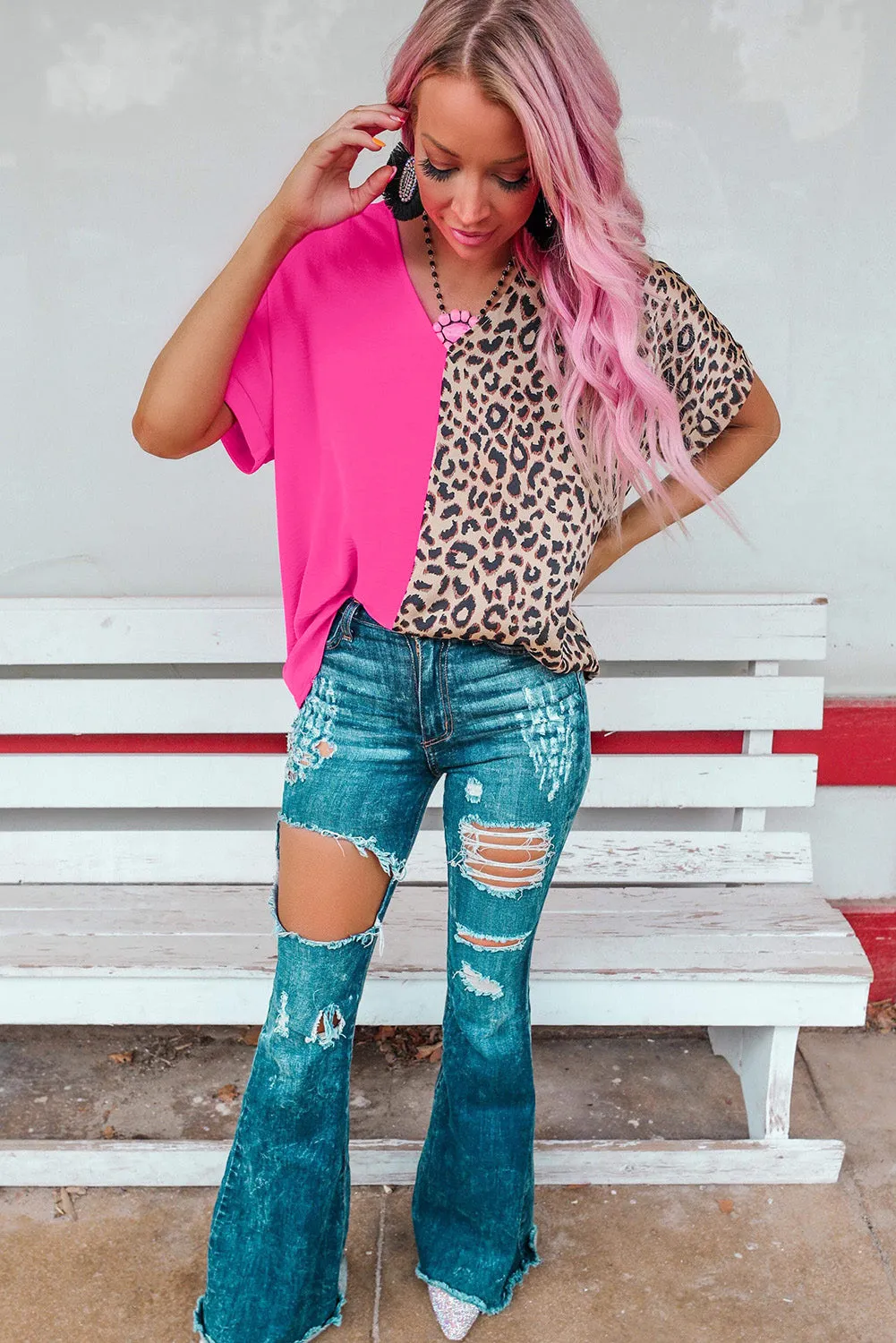 Barbie Style  Rose Contrast Leopard Color Block Blouse