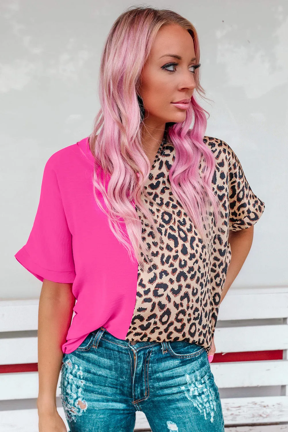 Barbie Style  Rose Contrast Leopard Color Block Blouse