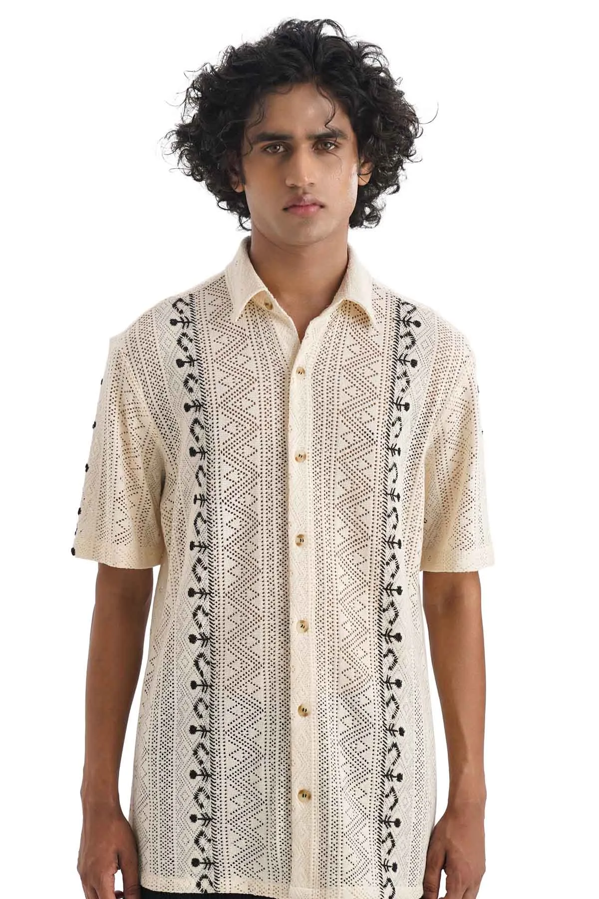 Beige Folk Embroidered Shirt