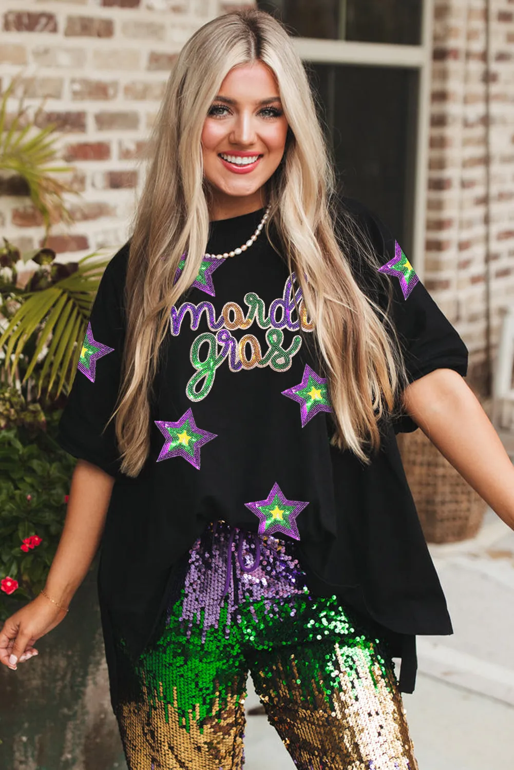 Black Sequin Stars mardi gras Lettering Oversize T Shirt