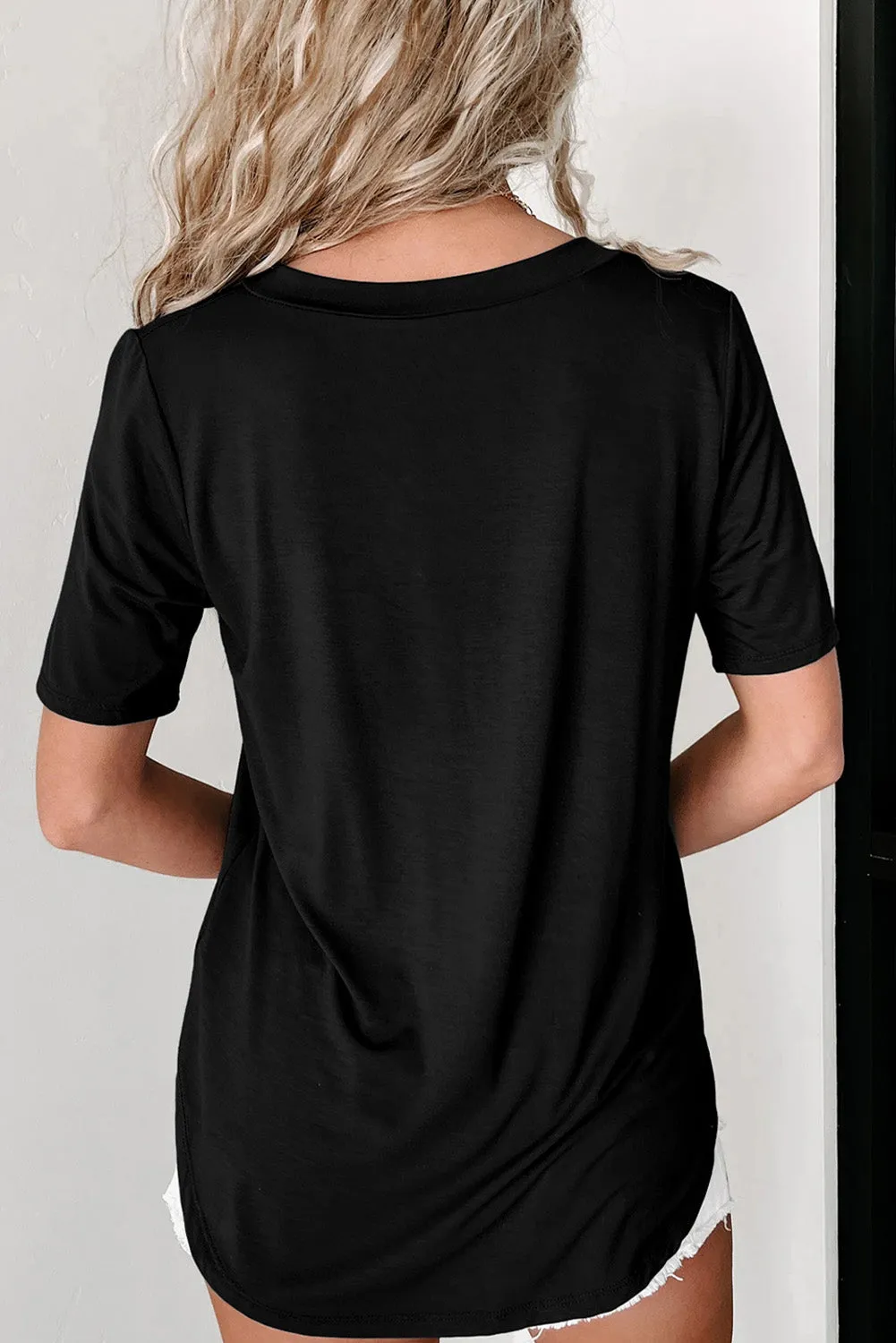 Black Sequined Flower Pocketed V Neck T Shirt