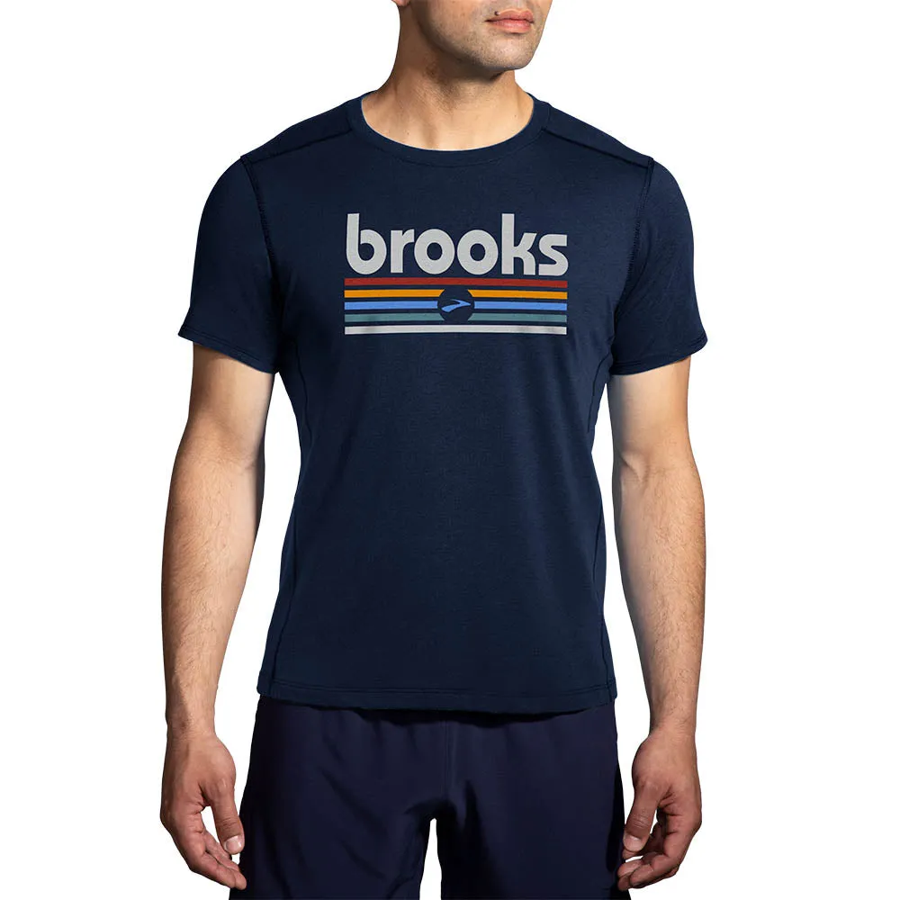 Brooks | Distance Short Sleeve 2.0 | Men's | Heather Navy/Brooks Track Stripe