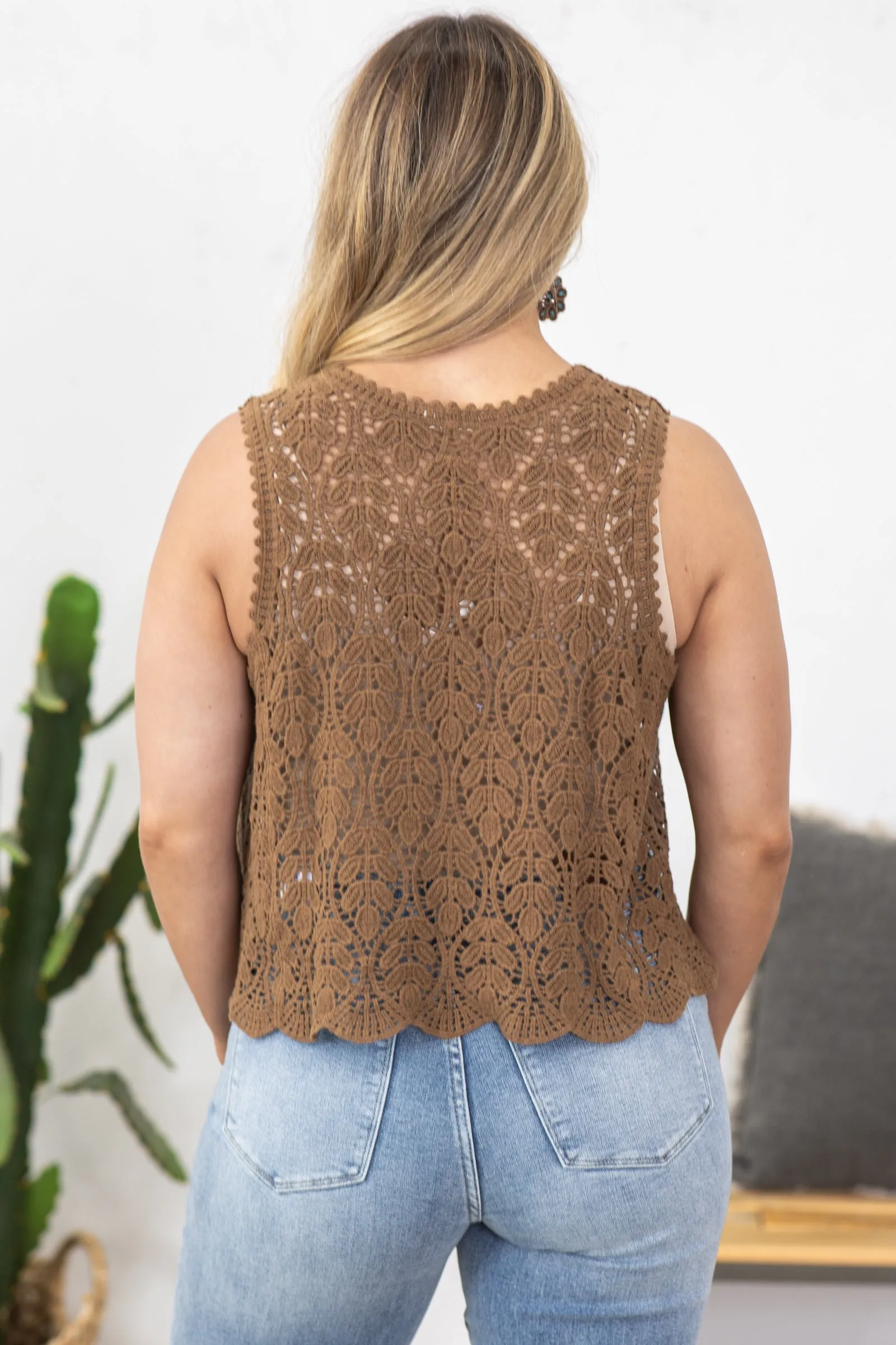 Brown Crochet Vest With Scallop Hem