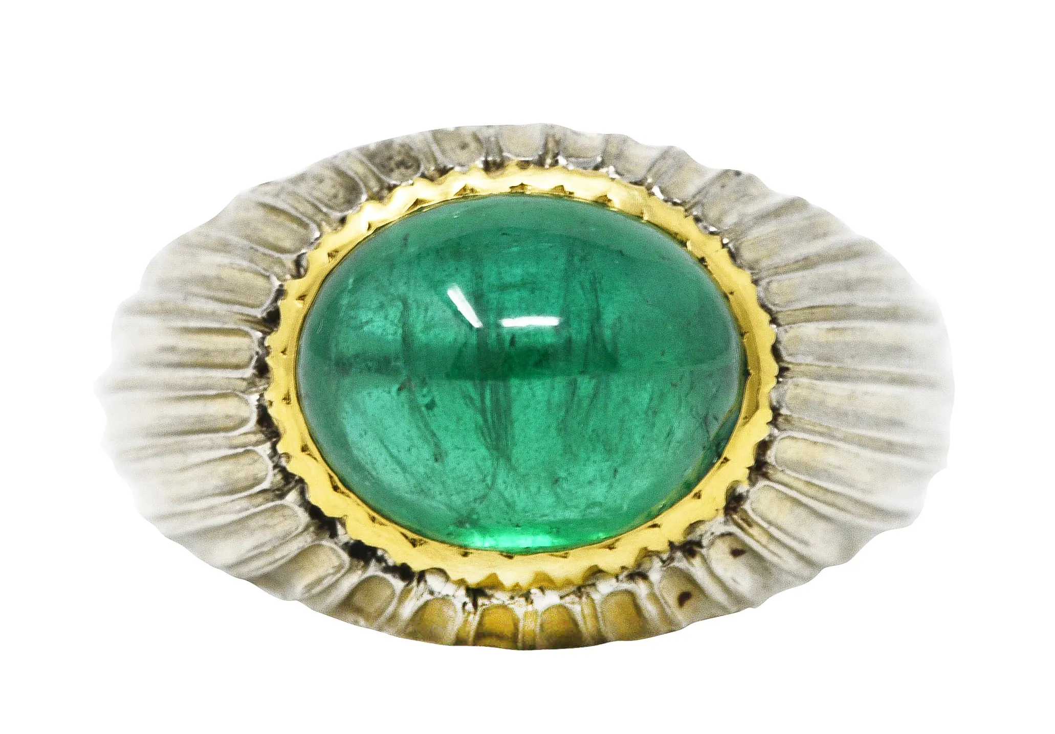 Buccellati 4.83 CTW Emerald Cabochon 18 Karat Two-Tone Gold Gemstone Vintage Ring