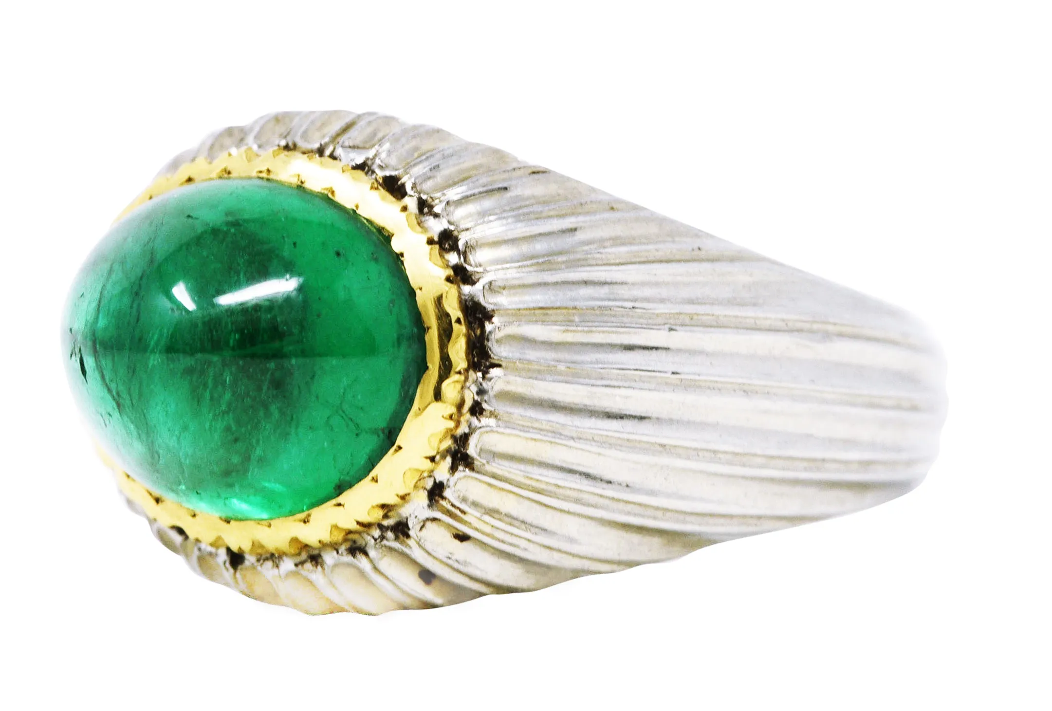 Buccellati 4.83 CTW Emerald Cabochon 18 Karat Two-Tone Gold Gemstone Vintage Ring