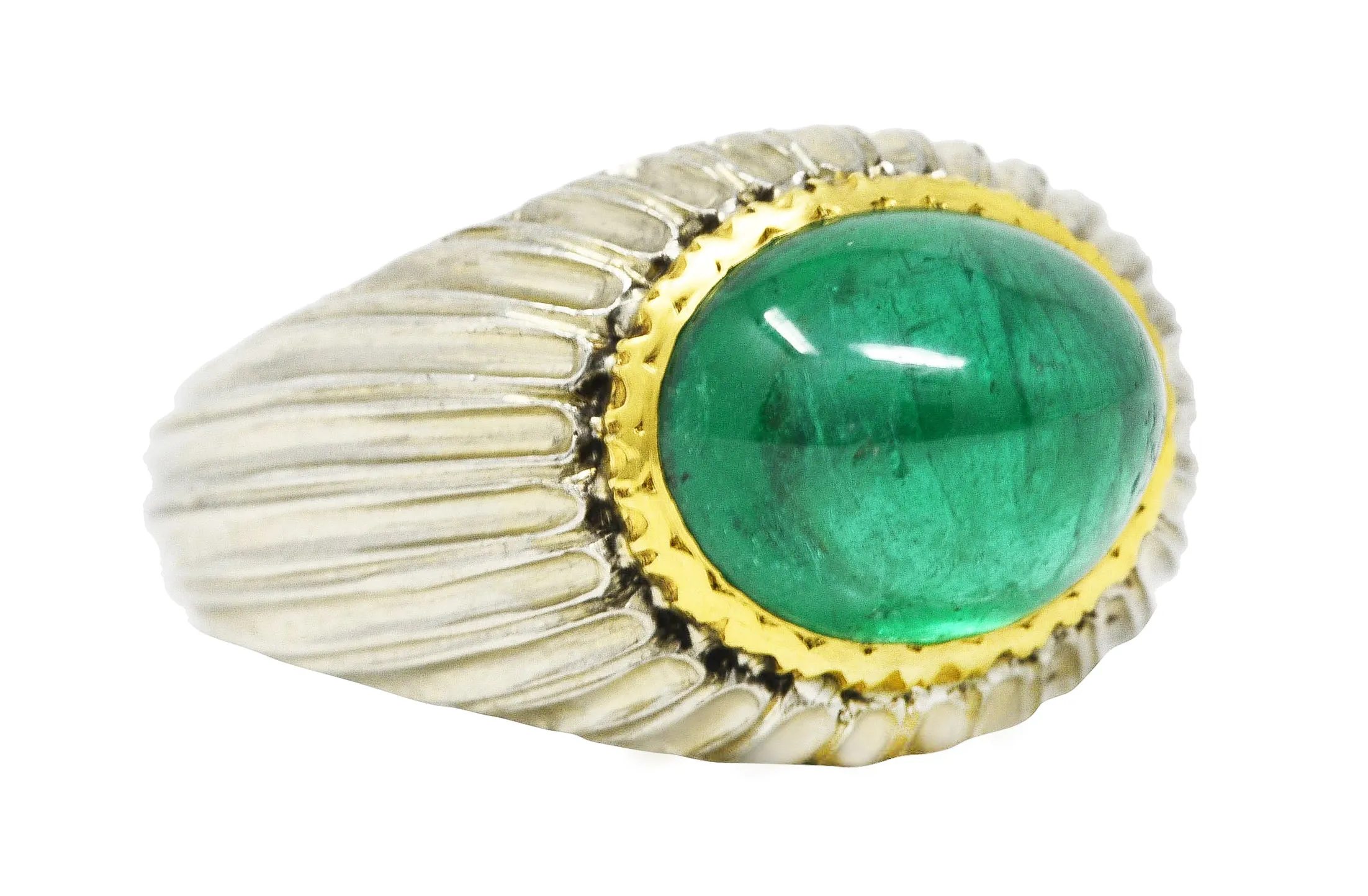 Buccellati 4.83 CTW Emerald Cabochon 18 Karat Two-Tone Gold Gemstone Vintage Ring