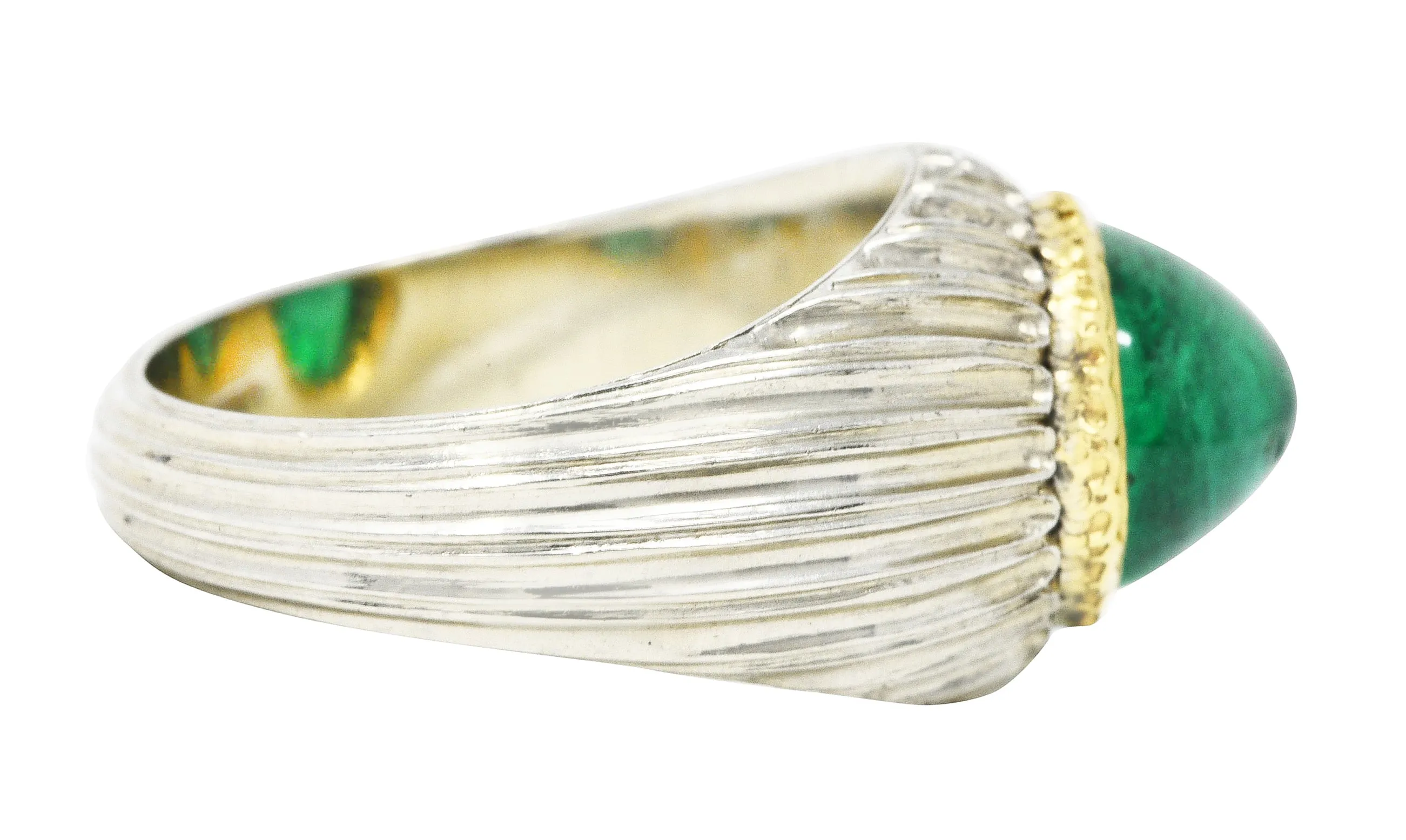 Buccellati 4.83 CTW Emerald Cabochon 18 Karat Two-Tone Gold Gemstone Vintage Ring