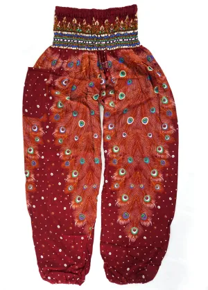 Burgundy Peacock Feather Harem Pants