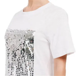 Cotton White Sequins T-shirt Female Short-sleeved Fitness